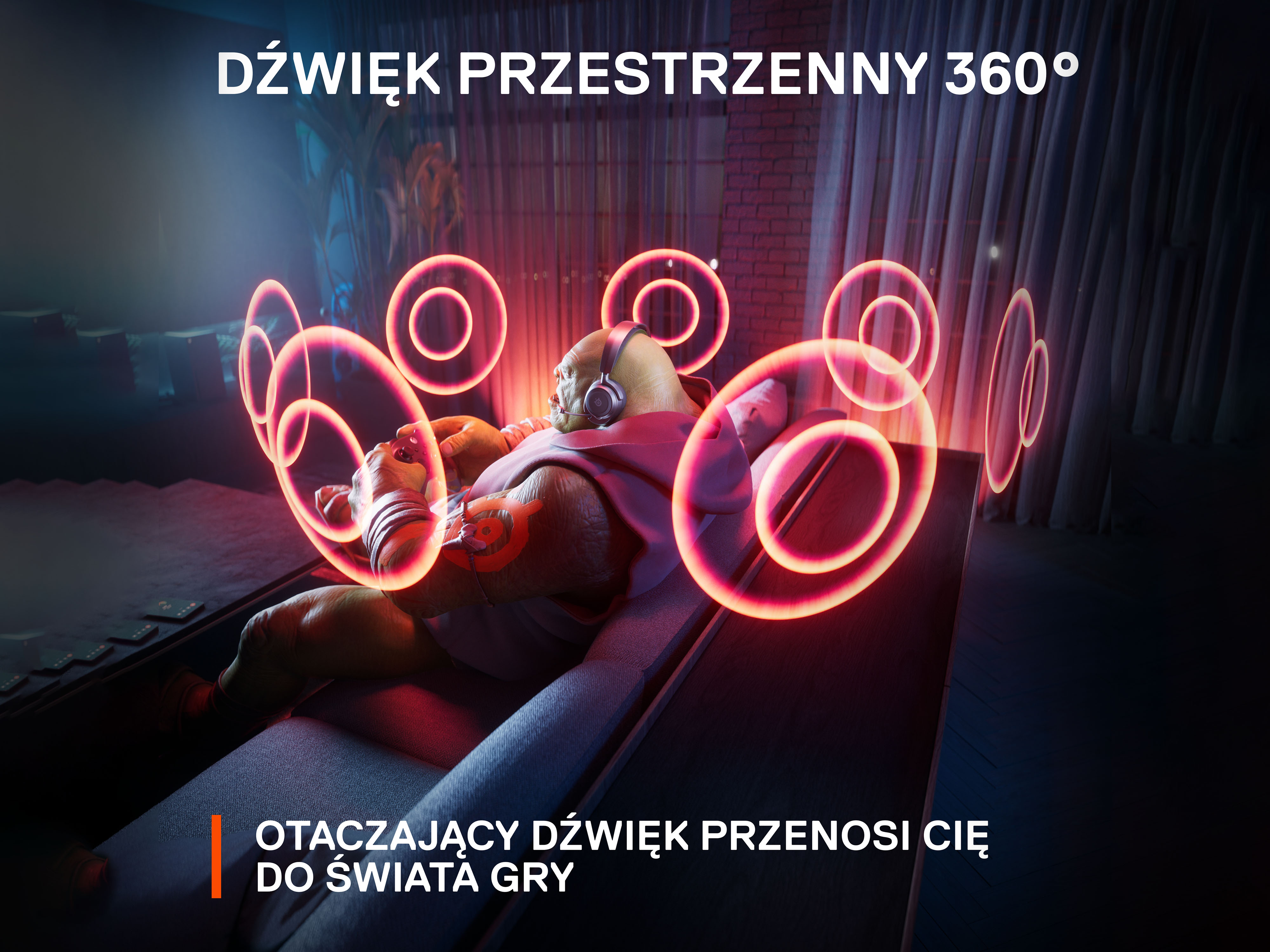 Zielony kosmita w słuchawkach leży, otoczony świecącymi okręgami. Tekst: 'Dźwięk przestrzenny 360°'.