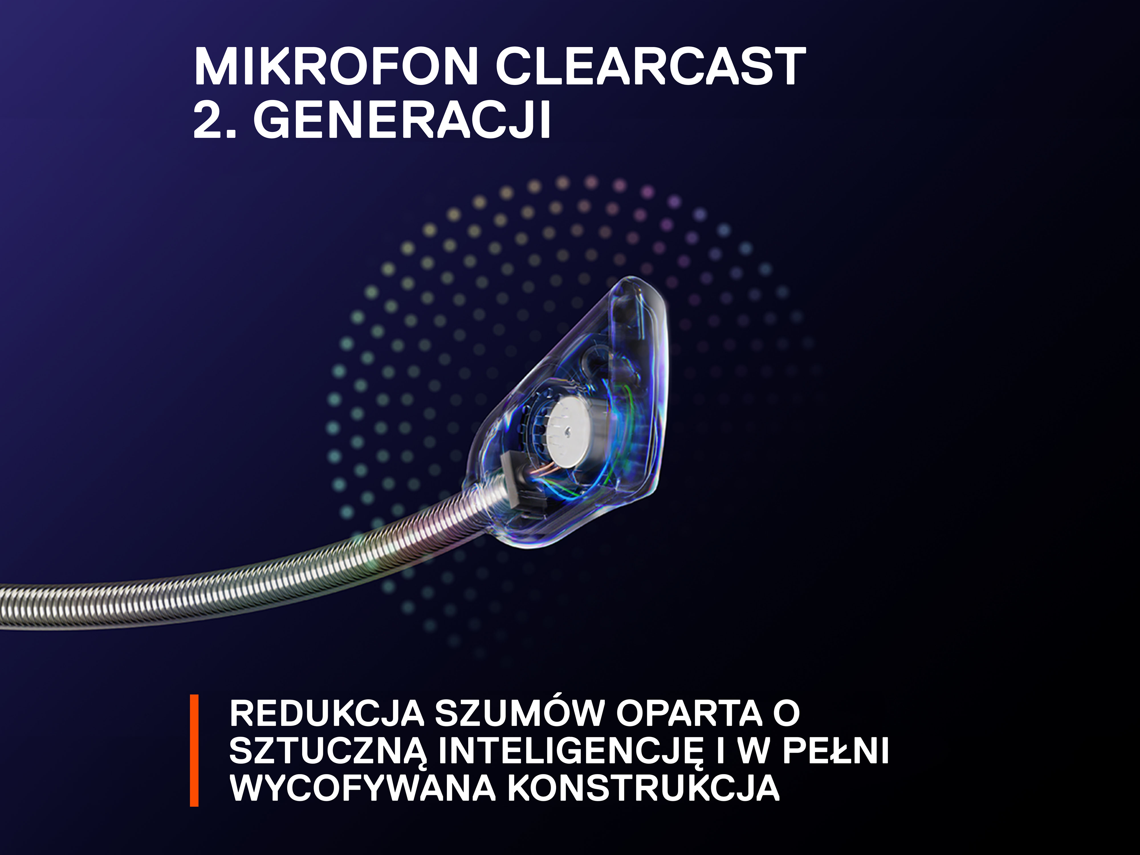 Zbliżenie mikrofonu z przezroczystą głowicą. Ma elastyczne, metalowe ramię i polski tekst.