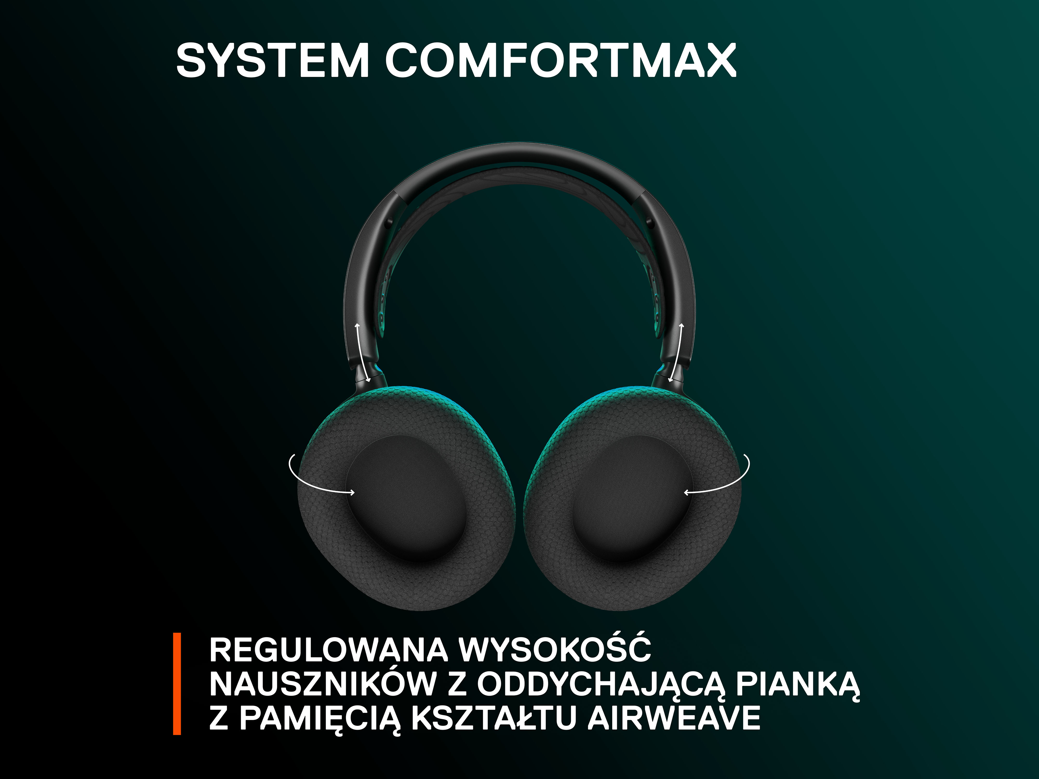 Słuchawki na gradientowym tle. Tekst mówi 'SYSTEM COMFORTMAX' i 'REGULOWANA WYSOKOŚĆ NAUSZNIKÓW Z ODDYCHAJĄCĄ PIANKĄ Z PAMIĘCIĄ K.