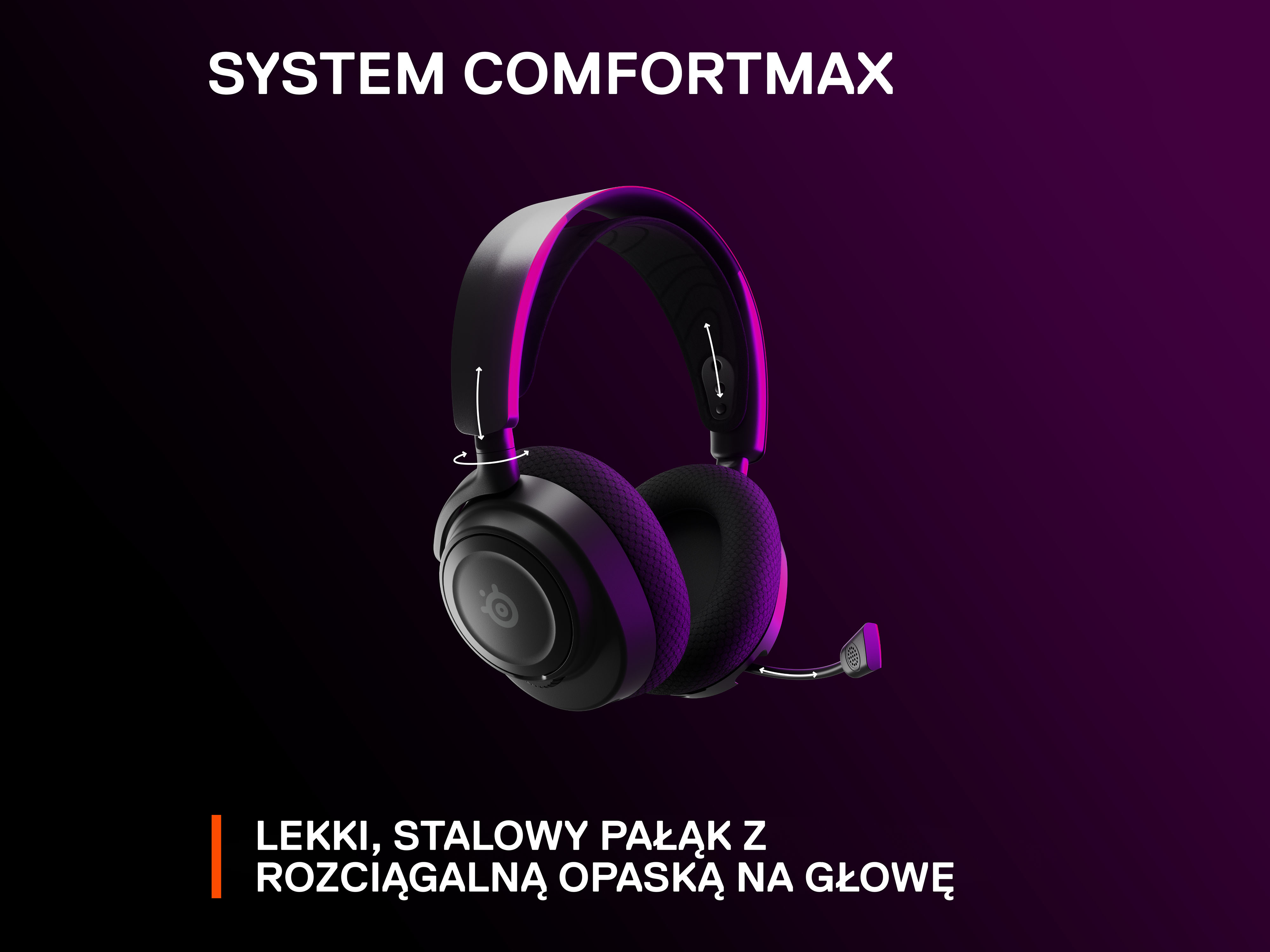 Słuchawki w czarno-różowym designie na gradientowym fioletowym tle. Tekst: 'System ComfortMax'.