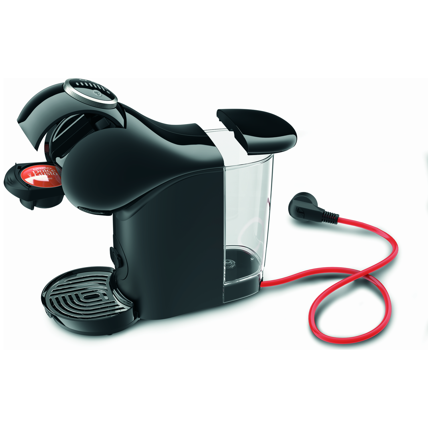 Een zwarte koffiemachine met een rood snoer. Een koffiepad is geplaatst. De machine staat op een witte achtergrond.