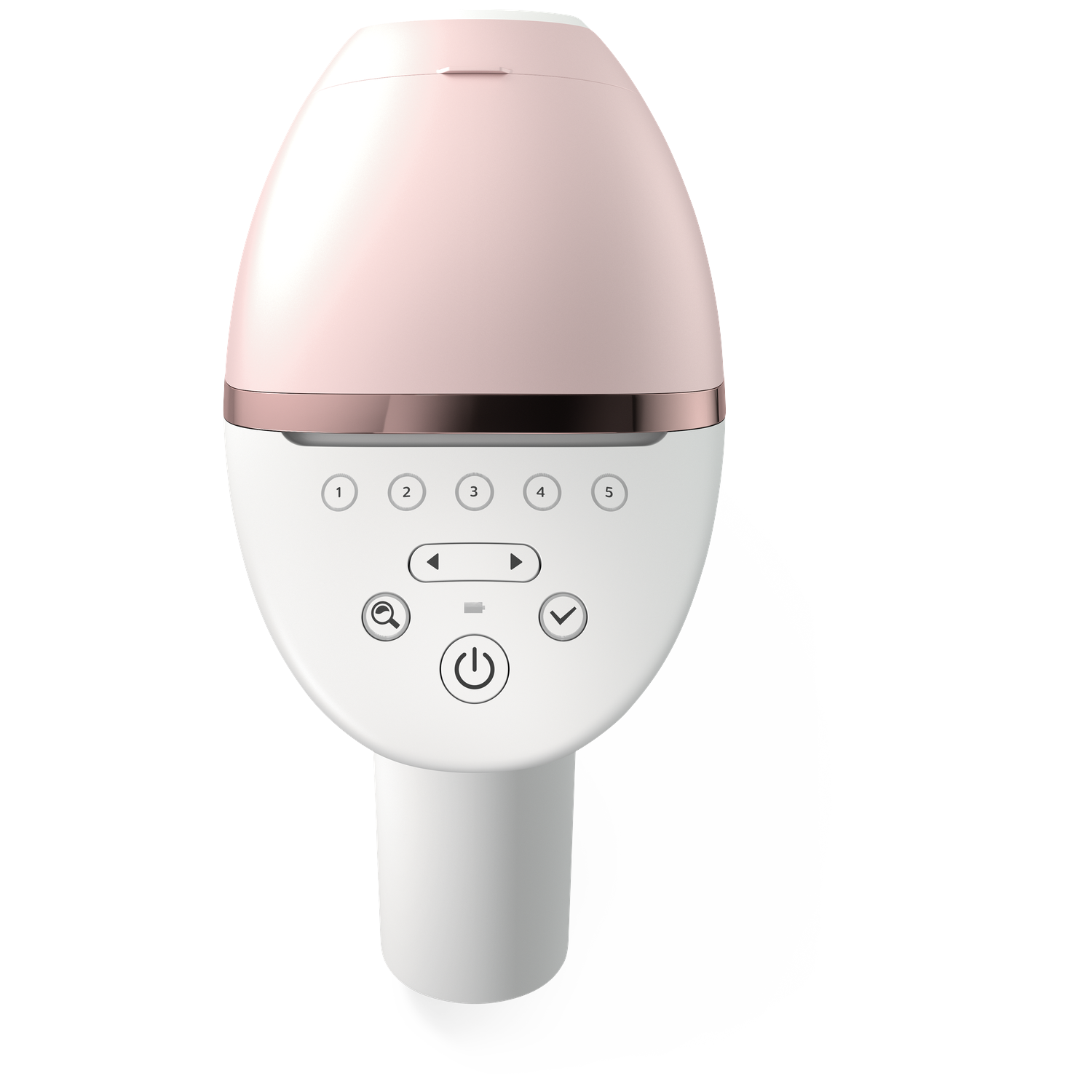 A white and pink hair removal device. It has a rounded top, a white base with buttons, and a cylindrical handle. The device is on a white surface.
