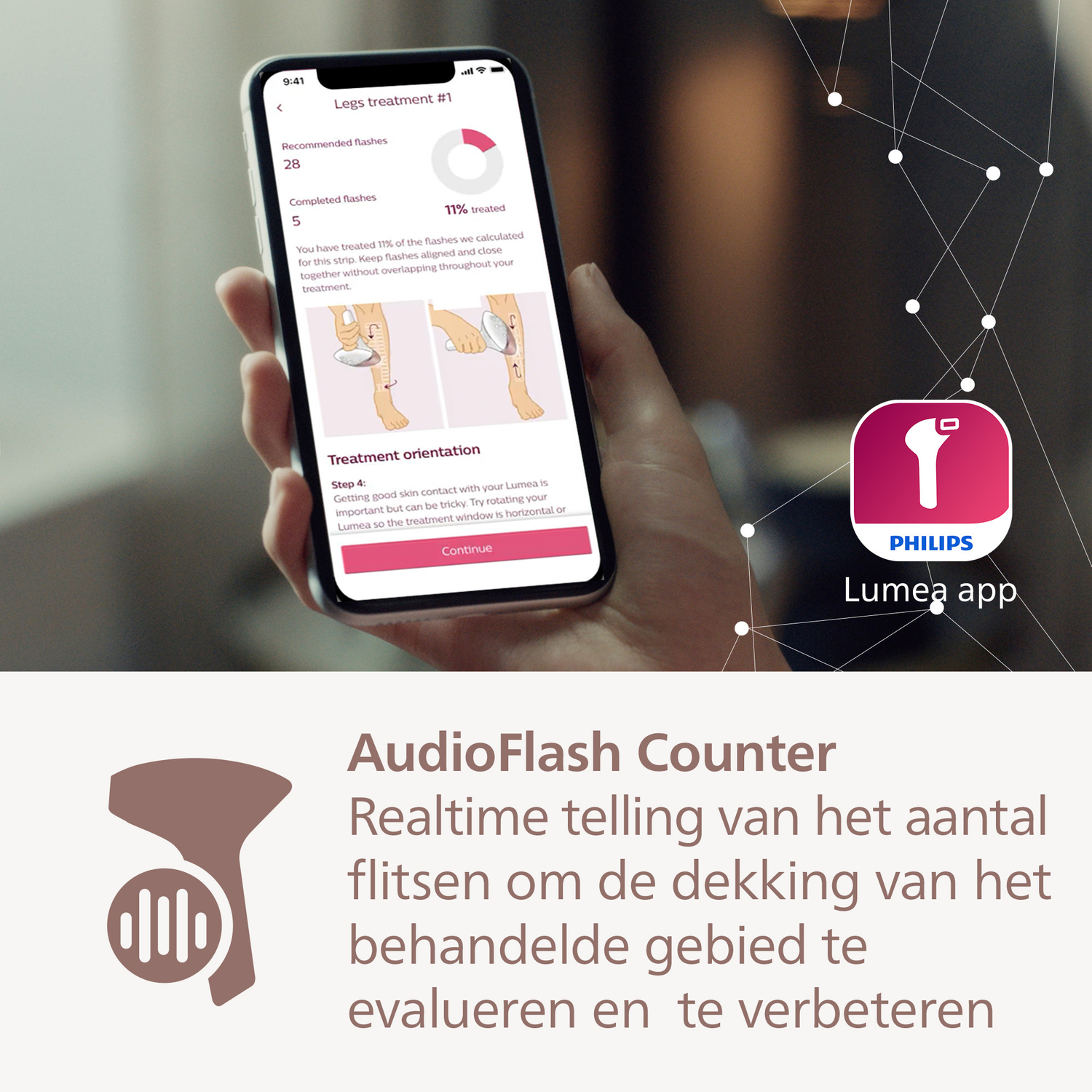 A hand holds a phone showing a leg treatment app. The app displays progress, instructions, and the Philips Lumea logo.