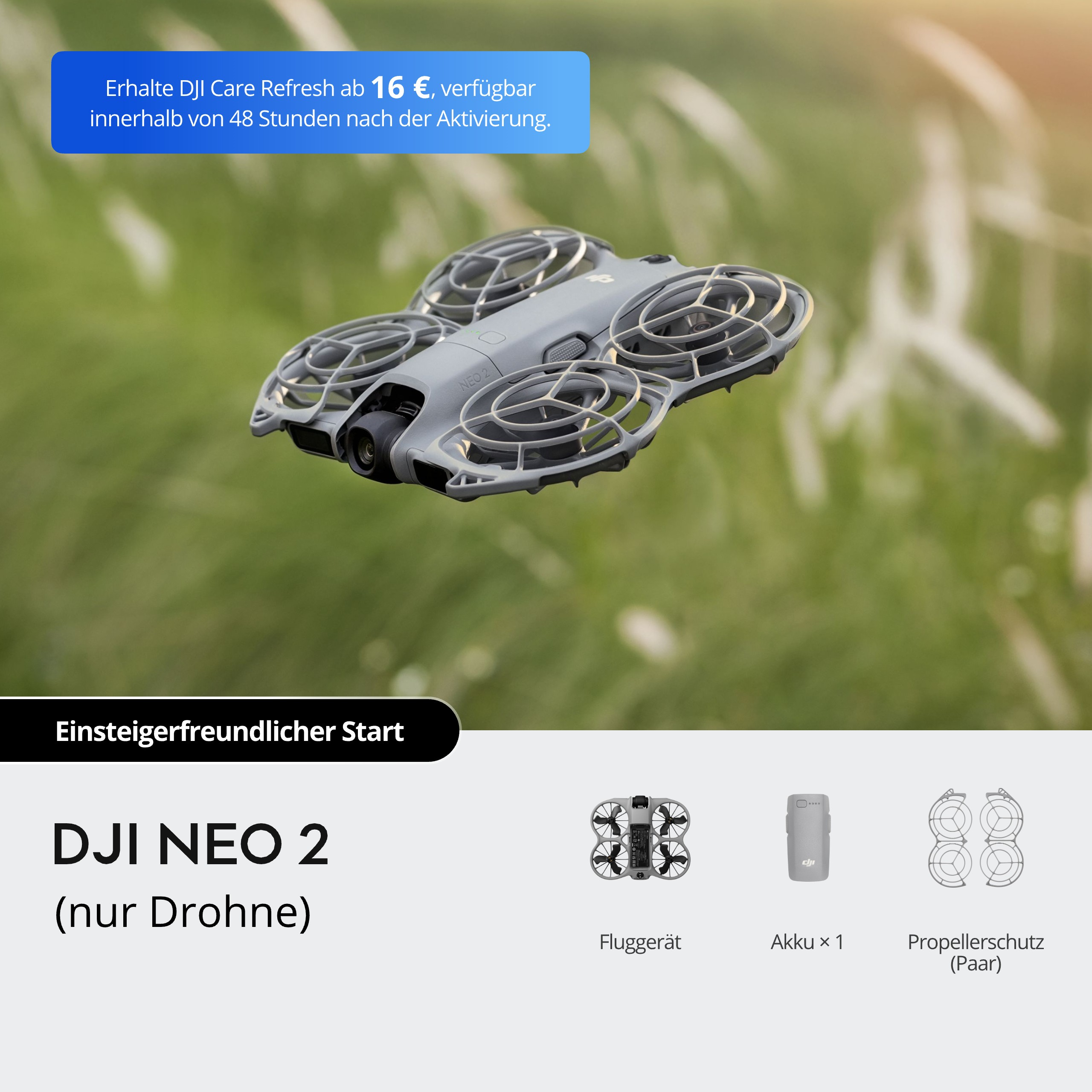 Un drone gris avec des protections d'hélice en l'air. L'arrière-plan est vert flou. Le texte comprend DJI NEO 2 et accessoires.