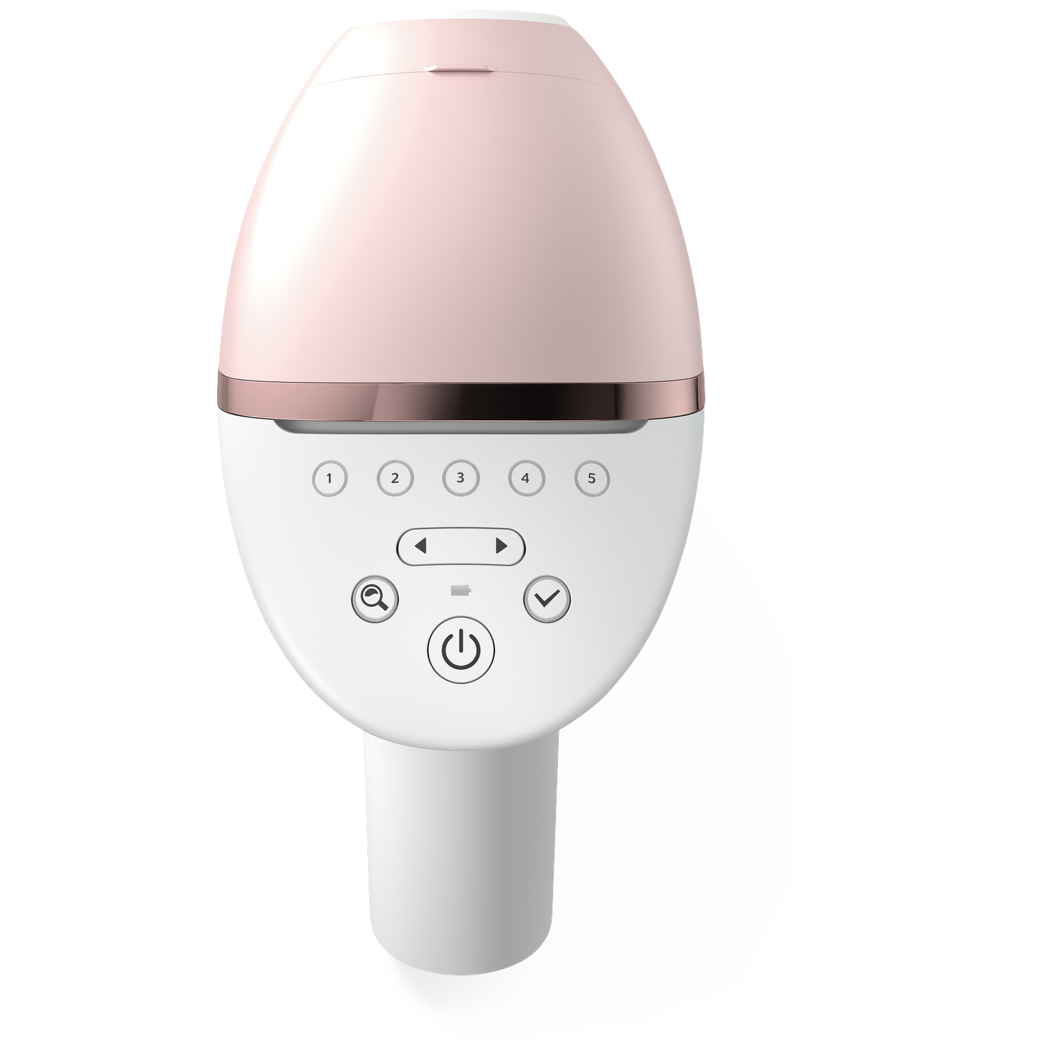 A white and pink hair removal device. It has a pink head, rose gold band, and a white body with buttons and a handle.