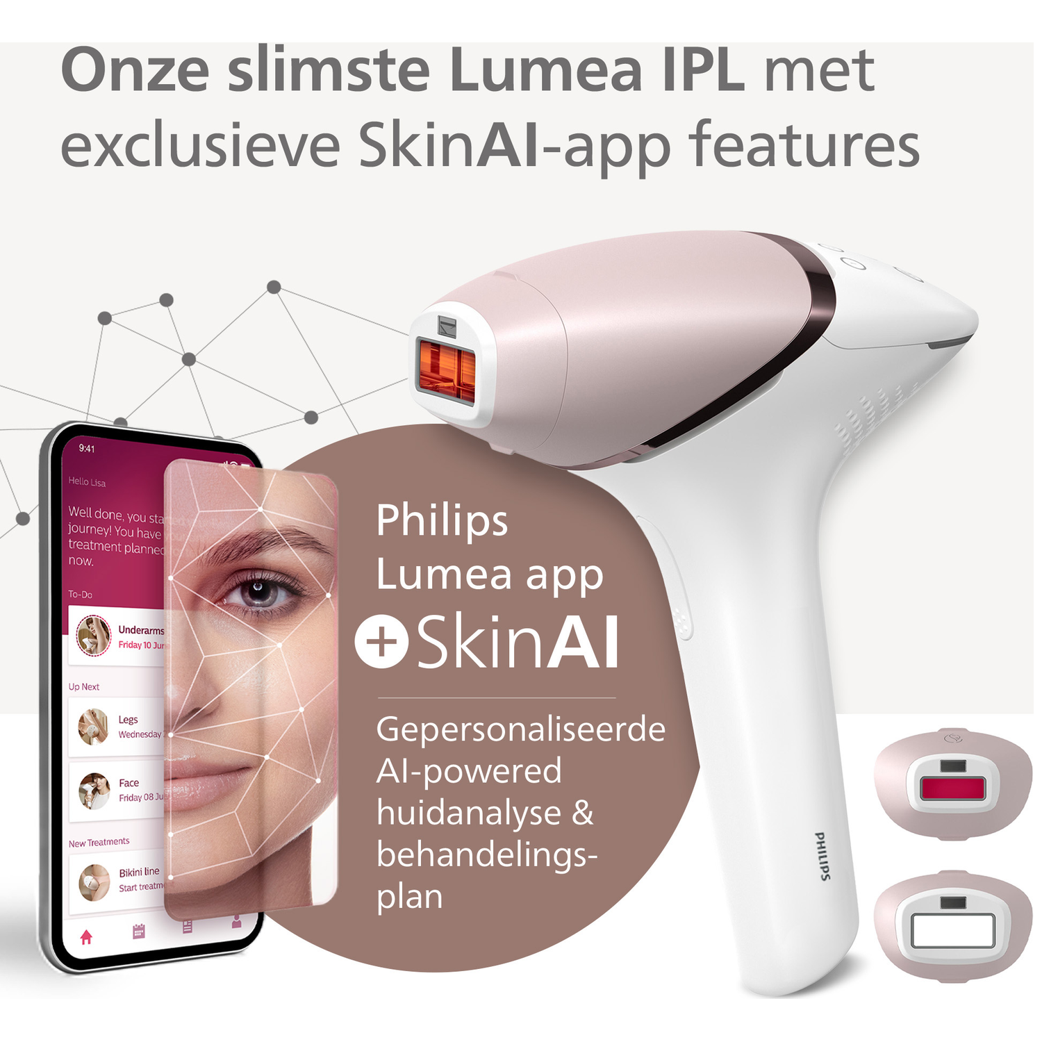 Image shows a Philips Lumea IPL device, a smartphone with an app interface, and text about the device's features.