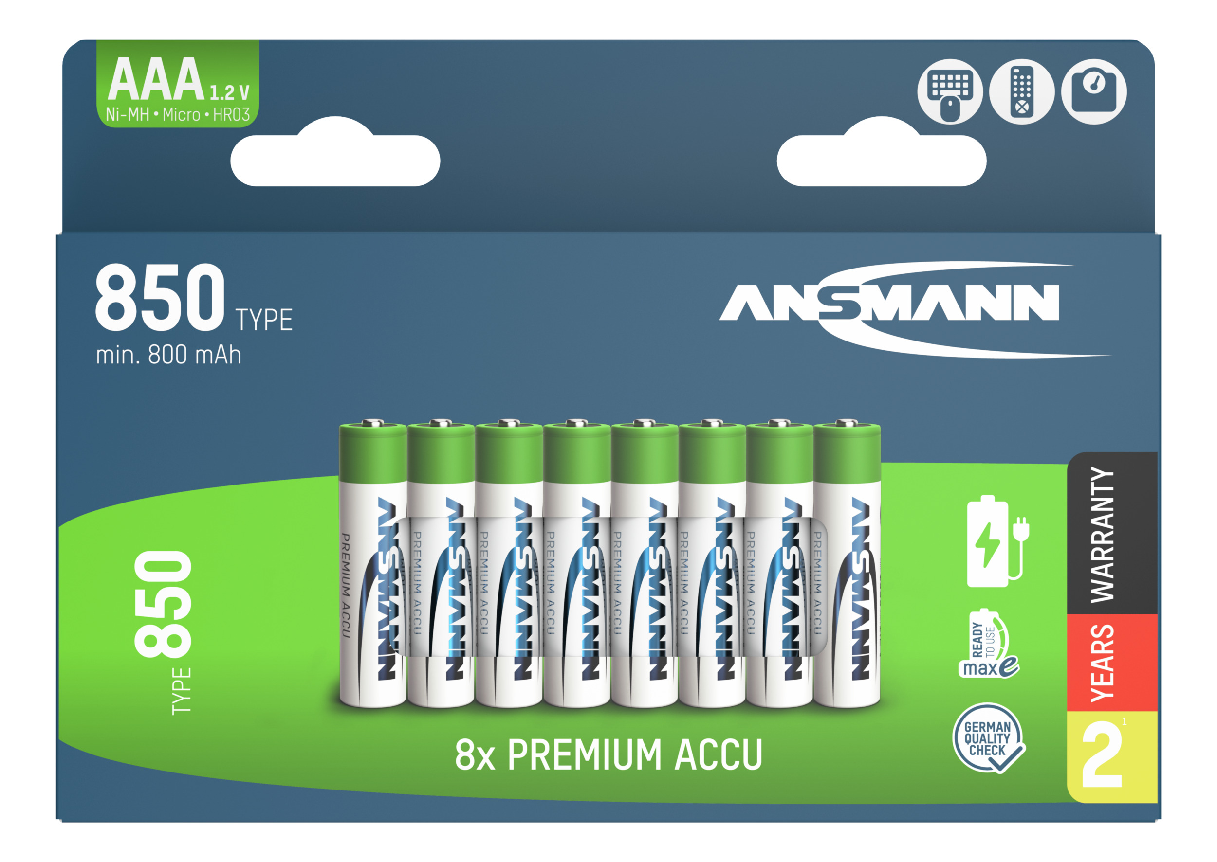 Schachtel mit ANSMANN AAA-Batterien. Grüne und weiße Batterien vor grünem und blauem Hintergrund.