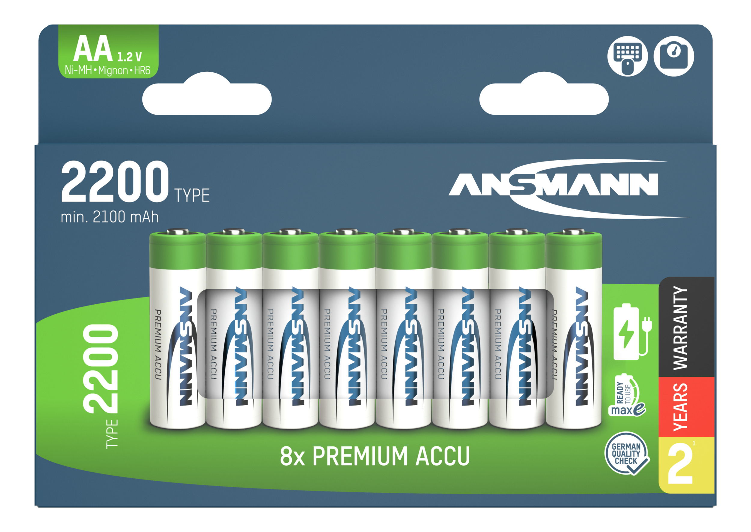 Packung mit acht AA-Batterien. Grün-weiße Batterien mit der Marke ANSMANN. Die Packung enthält Garantieinformationen.