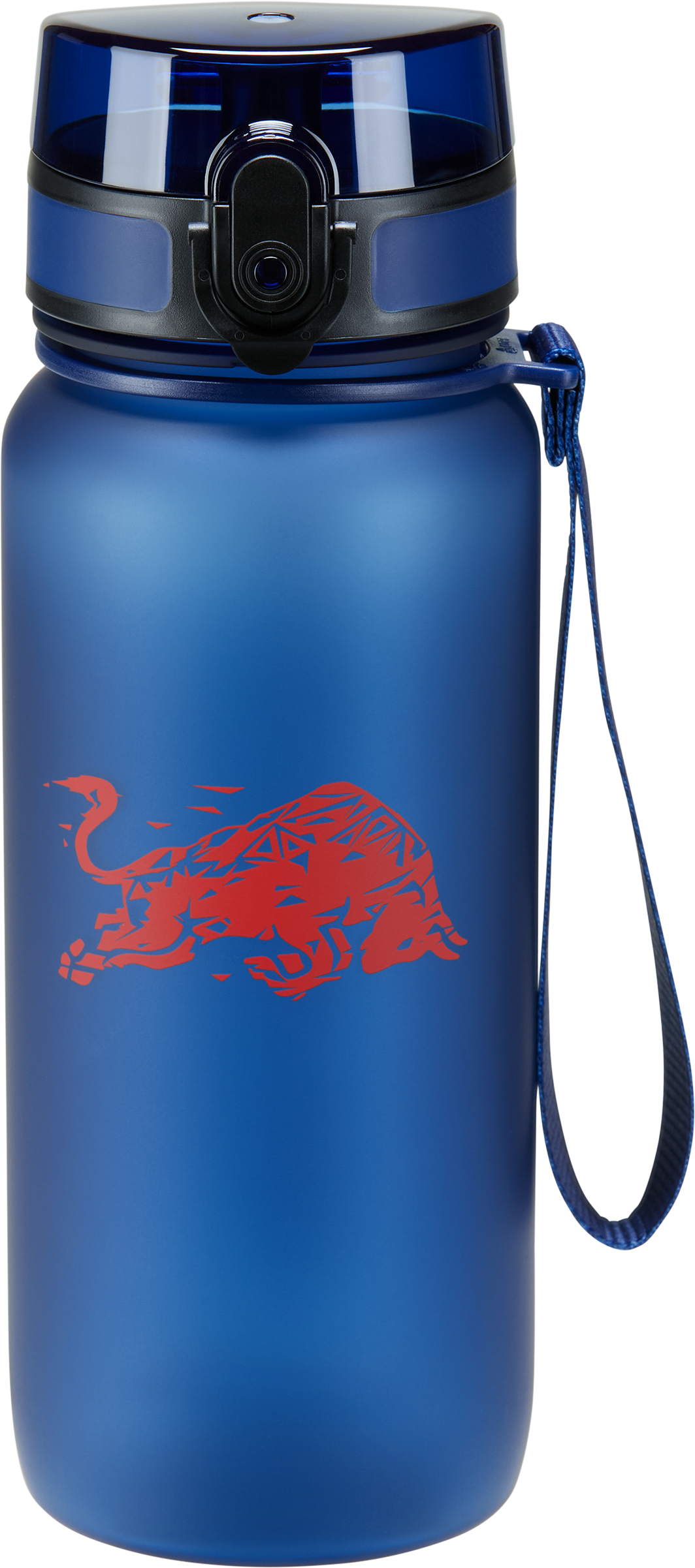 Blaue Red Bull Wasserflasche. Die Flasche hat ein rotes Bull-Logo. Es hat einen schwarzen Deckel und einen blauen Riemen.