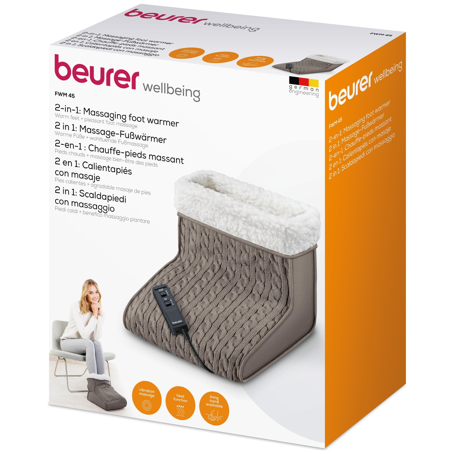 Chauffe-pieds en boîte avec une femme. Il a un contrôleur. Détails du produit et nom de la marque visibles.