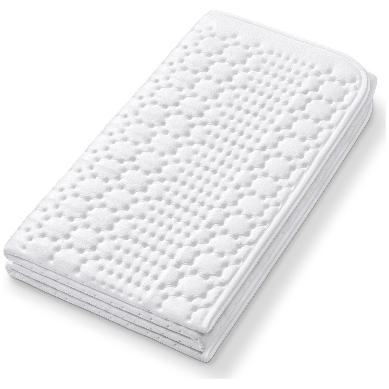 Un coussin chauffant blanc matelassé plié en une pile. Le coussin a une surface texturée avec des motifs arrondis.