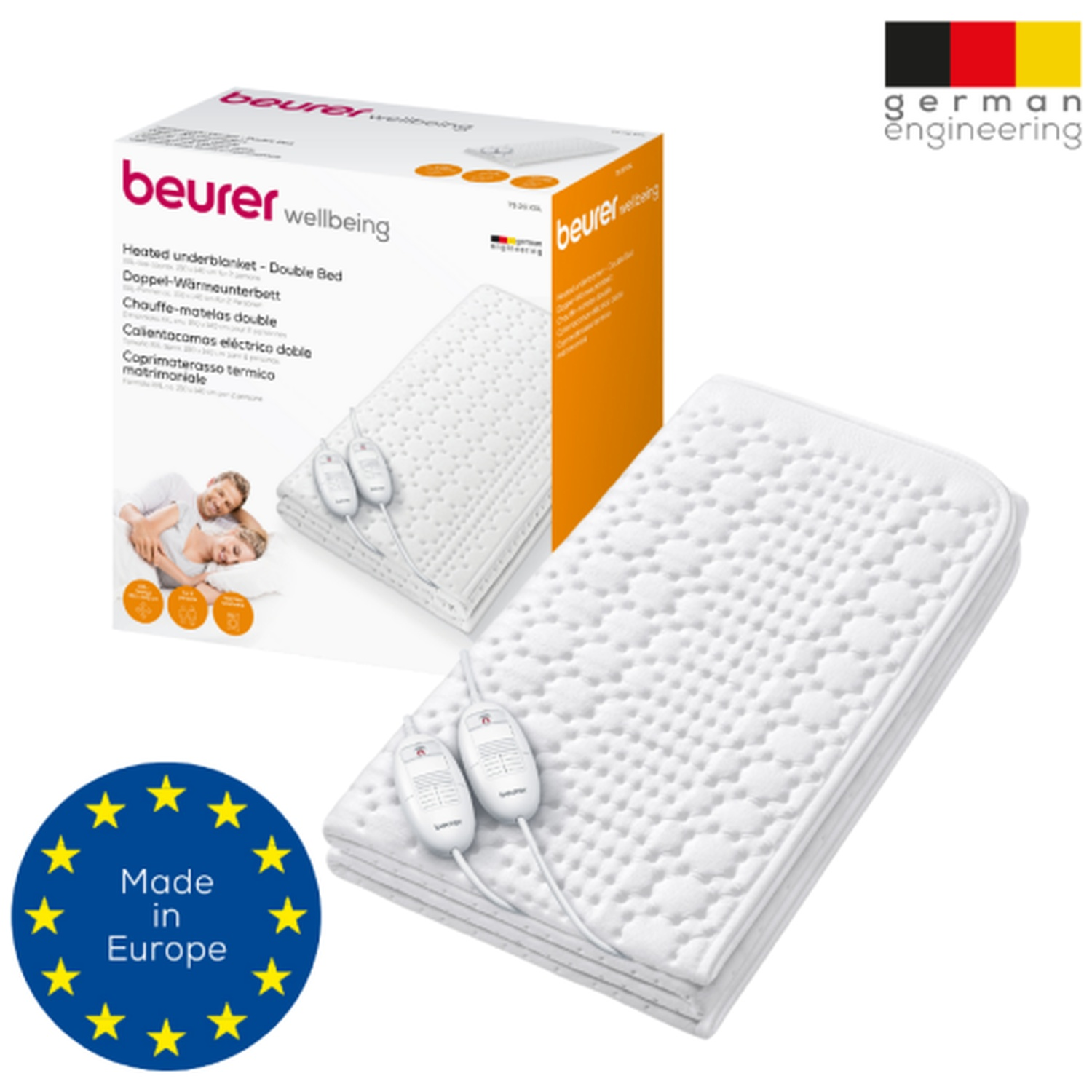 Une couverture chauffante Beurer blanche avec deux contrôleurs est présentée à côté de sa boîte, avec un couple et des détails.