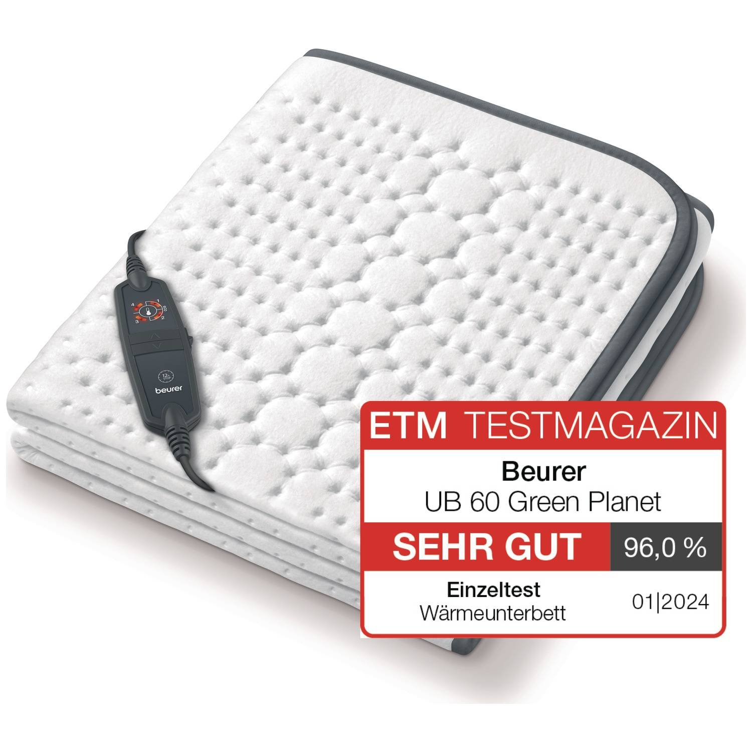 Een witte verwarmde deken met een bedieningspaneel en een rood-wit label met tekst. De deken is opgevouwen.