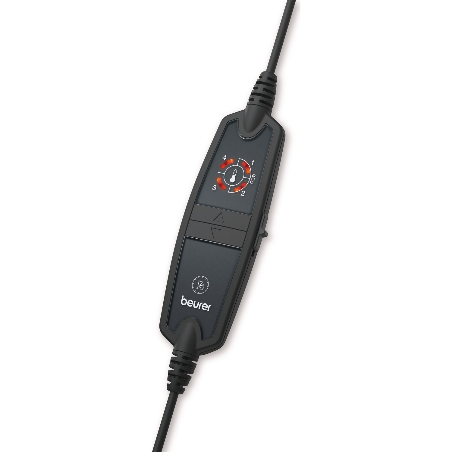 Een zwarte Beurer verwarmingskussen controller met een temperatuurknop, knoppen en een netsnoer. De knop heeft instellingen van 1 tot 4 en een eco-modus.