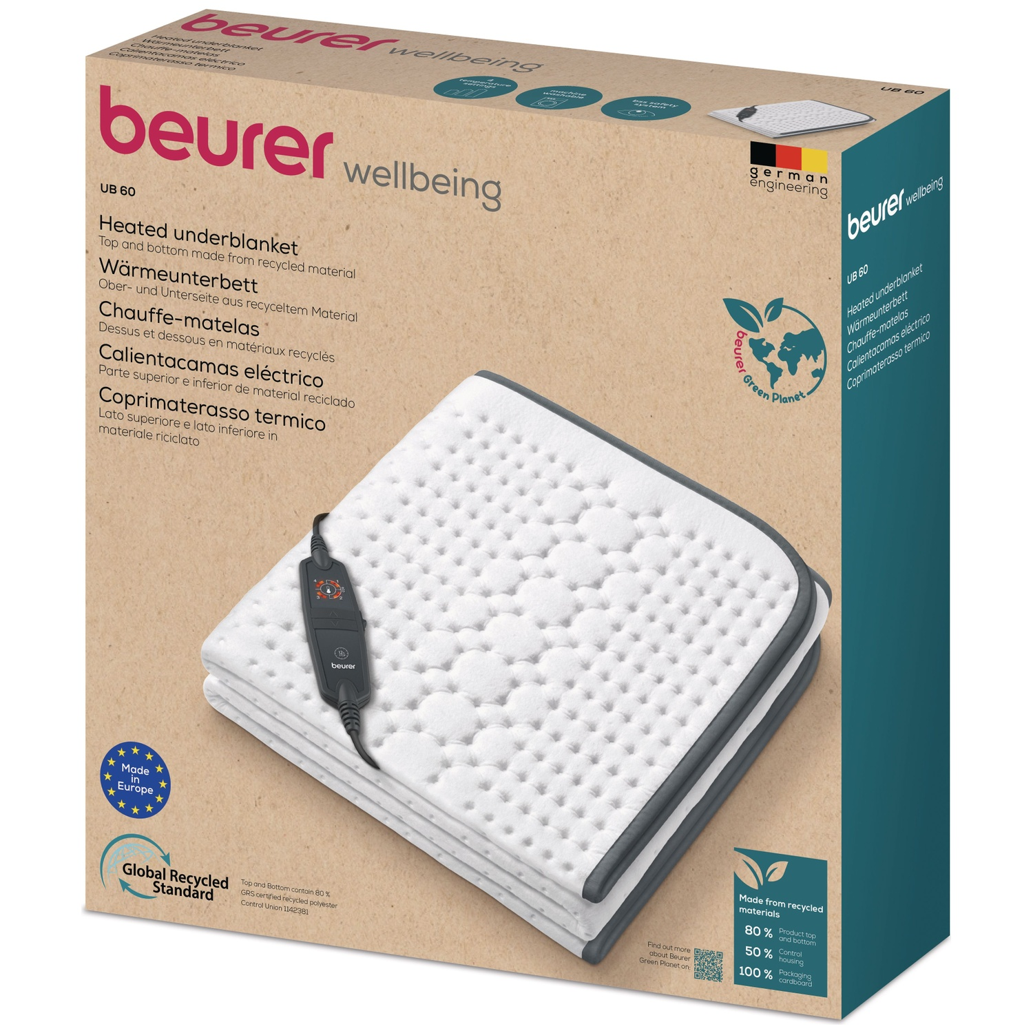 Beurer verwarmde onderdeken in de verpakking. De doos toont productdetails en labels voor gerecyclede materialen.