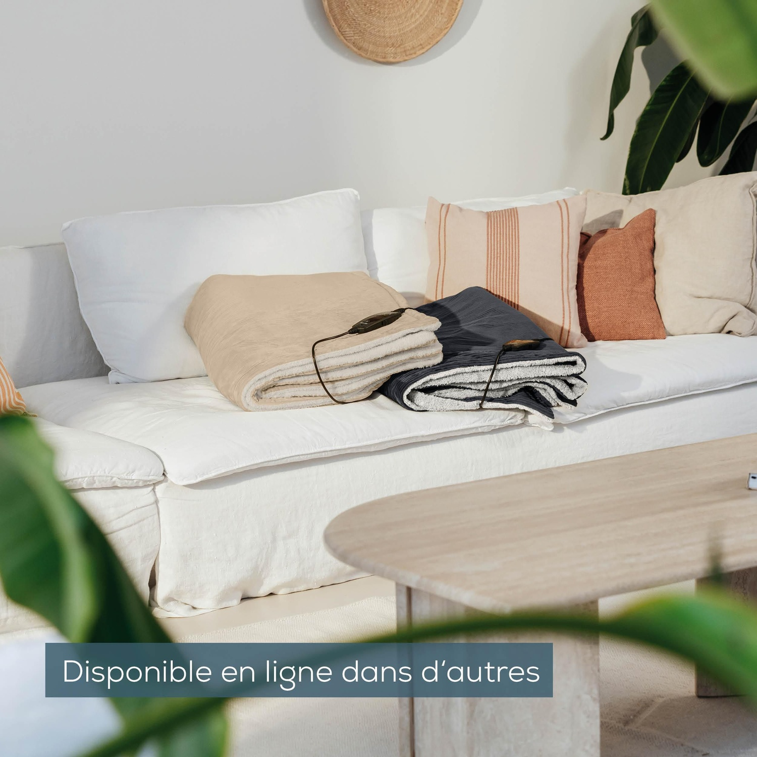Canapé blanc avec coussins et couvertures. Table en bois devant. Plante au premier plan, décoration murale tissée derrière.