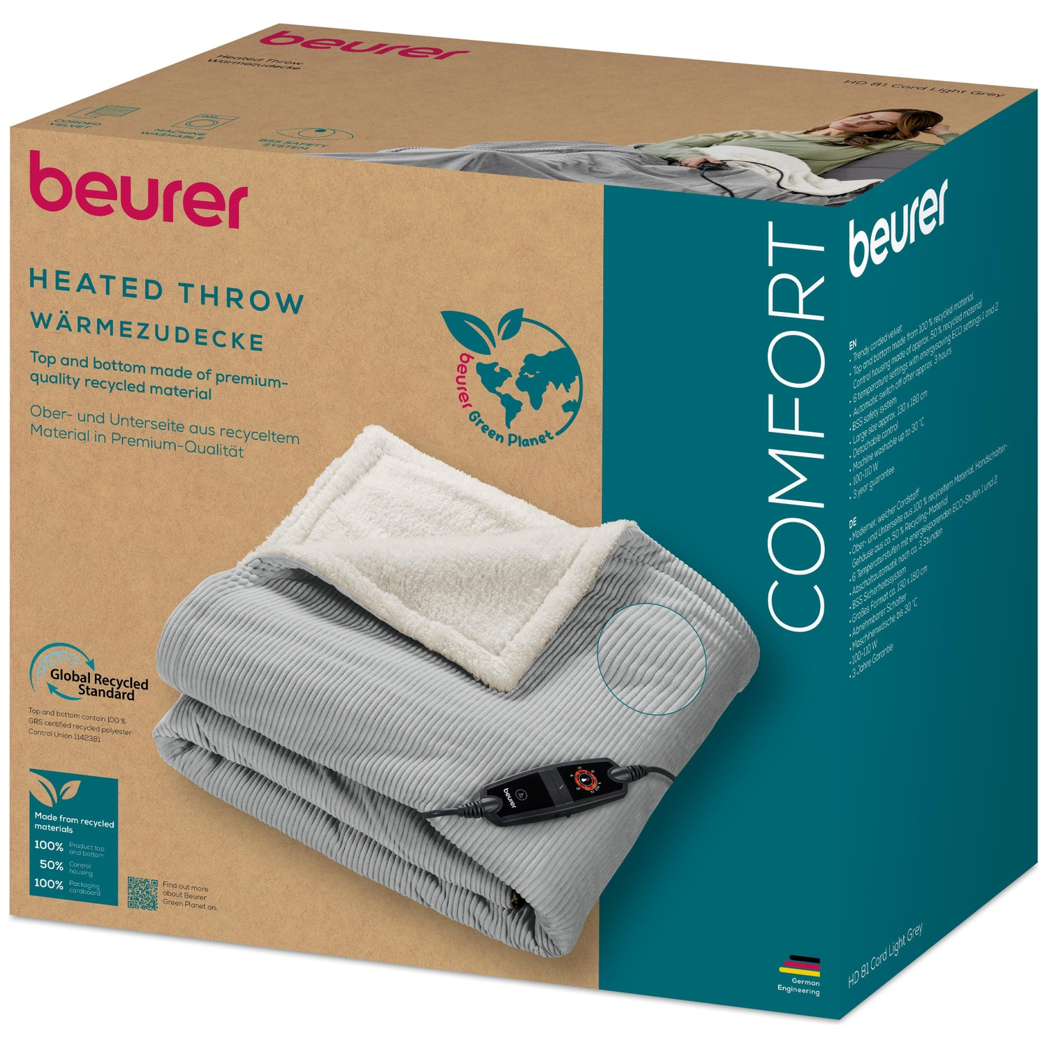 Une couverture chauffante grise sur une boîte. La boîte a du texte et un logo. La couverture a un panneau de contrôle.
