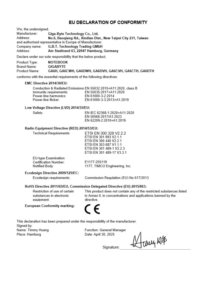 EU-Konformitätserklärung mit Text, Logos und Unterschrift.