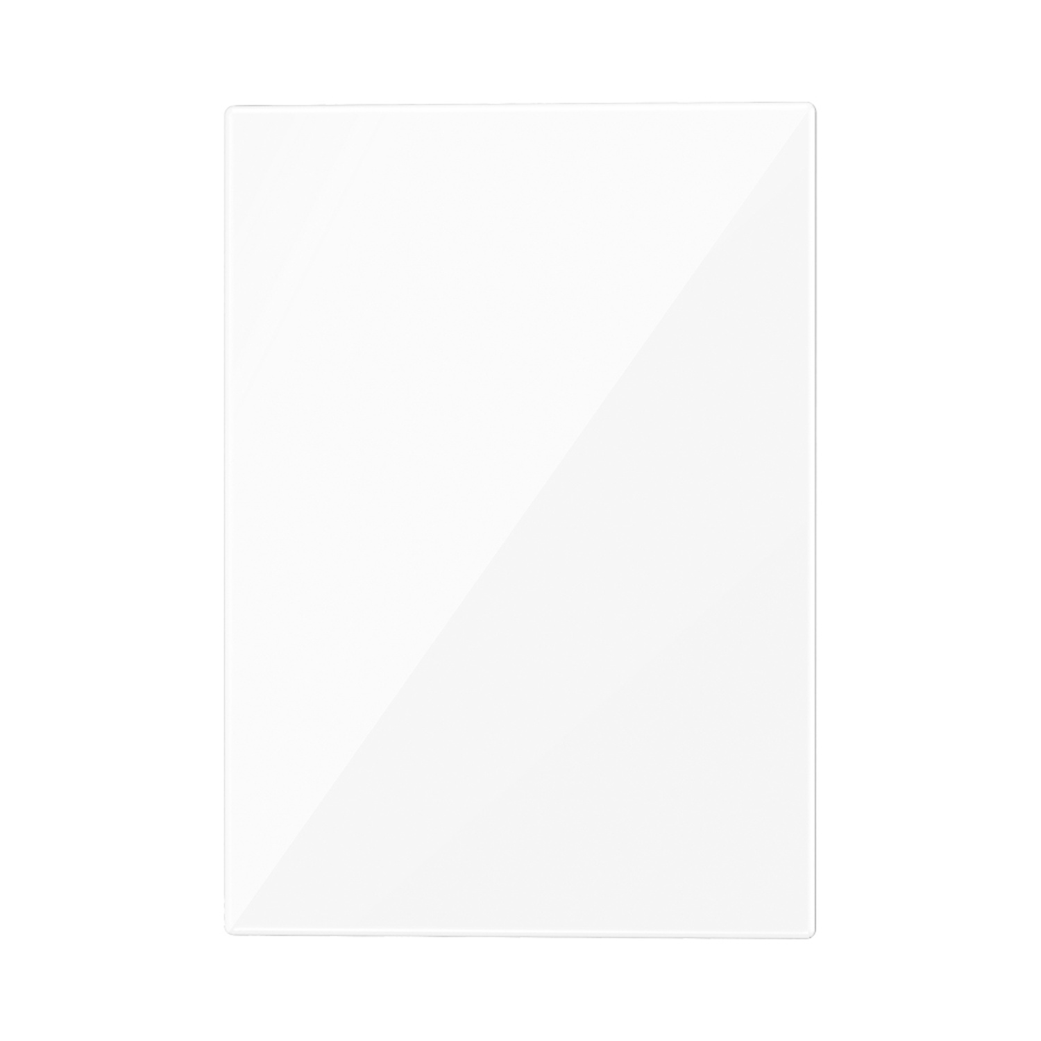 Una superficie rettangolare, lucida, bianca, leggermente riflettente. I bordi sono puliti e definiti, su sfondo bianco.