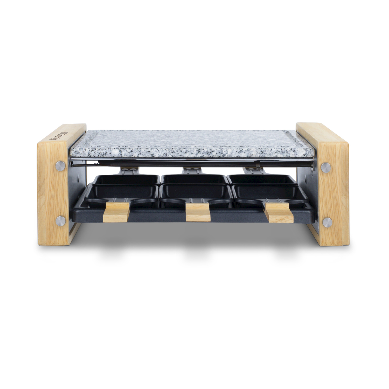 Griglia per raclette con piano in granito e lati in legno. Ha tre scomparti per il formaggio e una superficie di cottura.