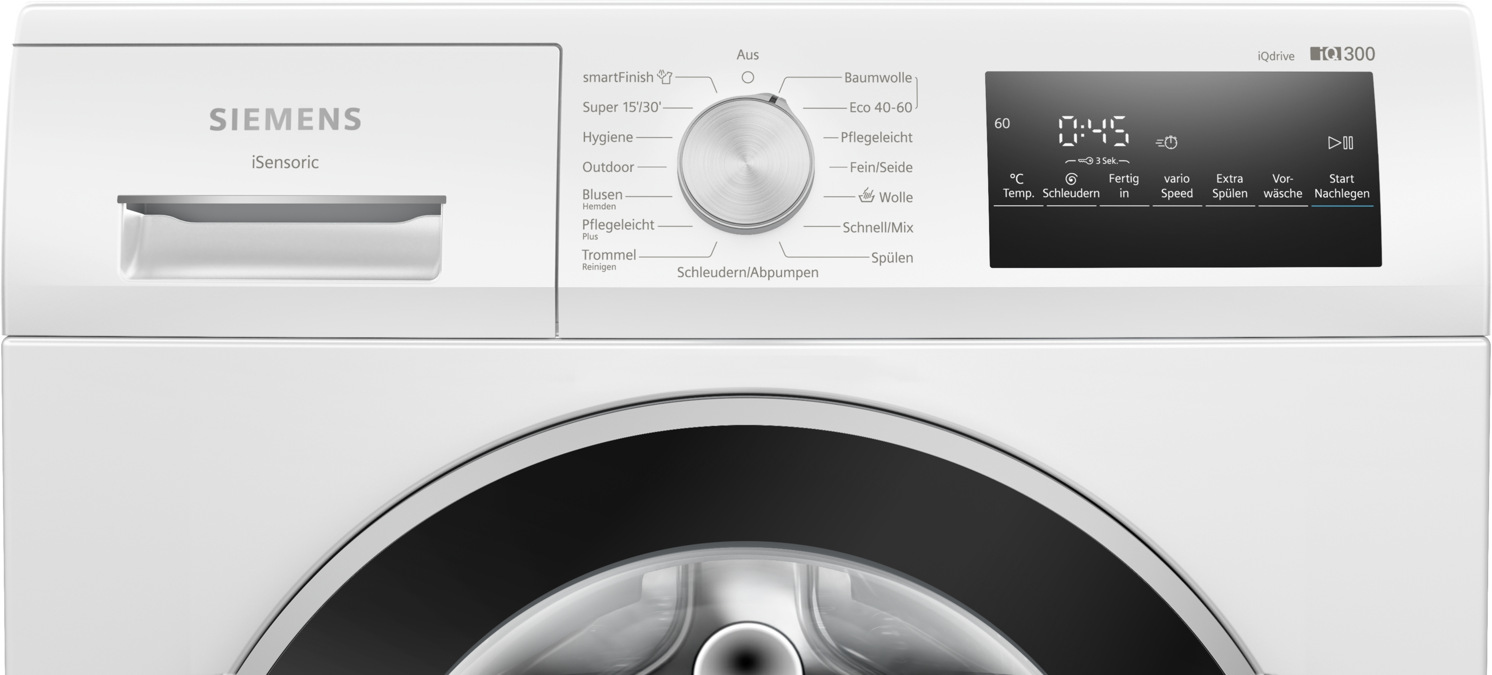 Eine weiße Siemens Waschmaschine mit Bedienfeld, Display und Drehknopf zur Auswahl von Waschprogrammen.
