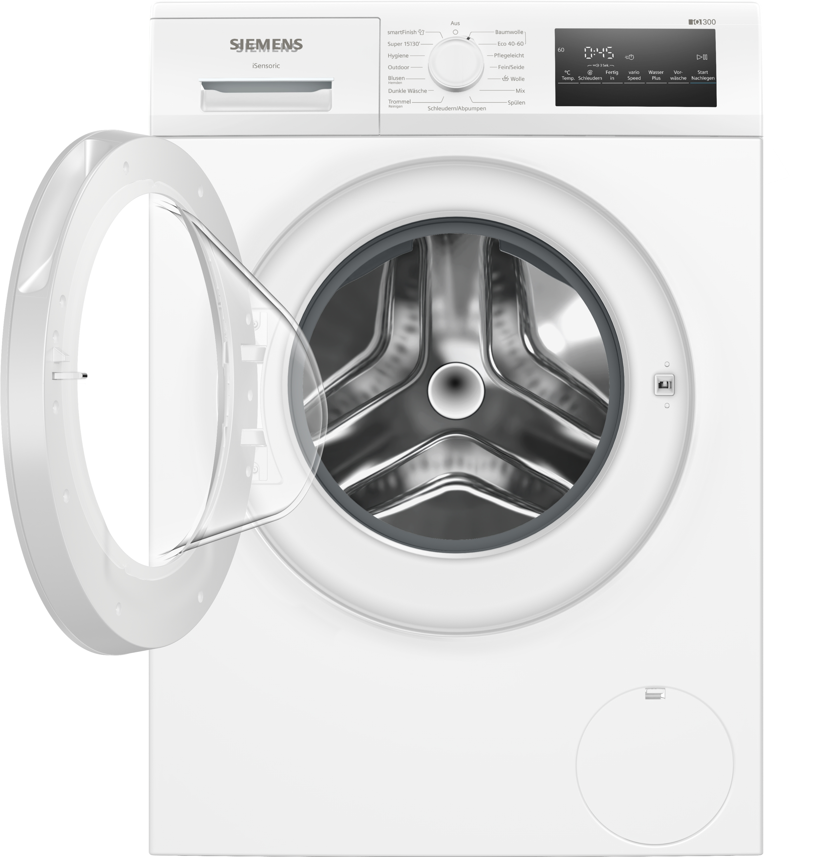 Eine weiße Siemens Waschmaschine mit offener Tür, die die Trommel zeigt. Bedienfeld und Display sind sichtbar.