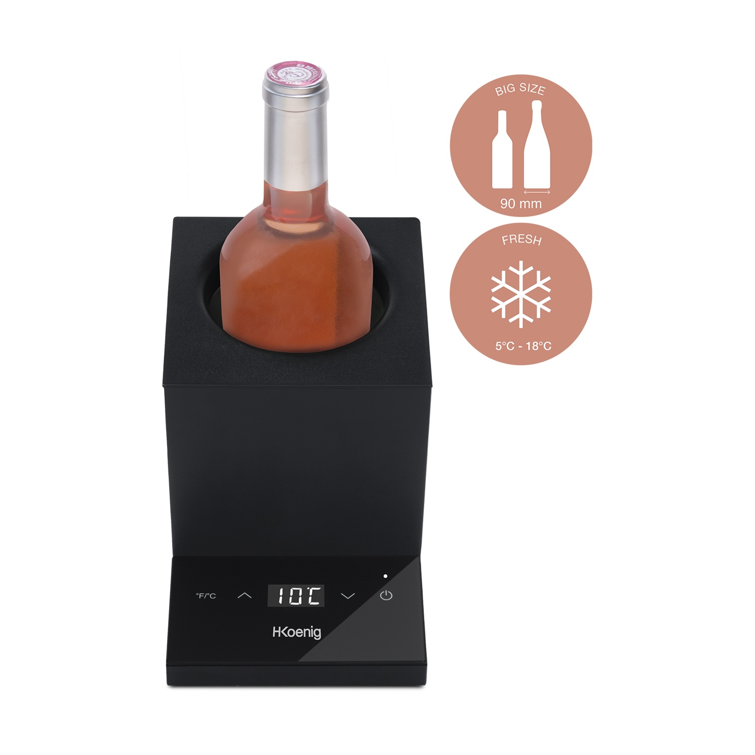Un refrigeratore per vino nero contiene una bottiglia di vino. Il display della temperatura mostra 10C. Include informazioni su grandi dimensioni e freschezza.