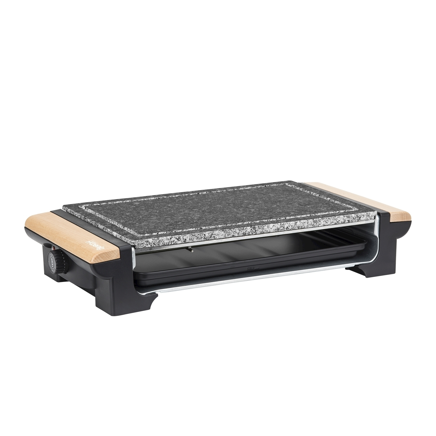 Una griglia per raclette con piano in pietra grigio scuro, manici in legno e base nera, su sfondo bianco.