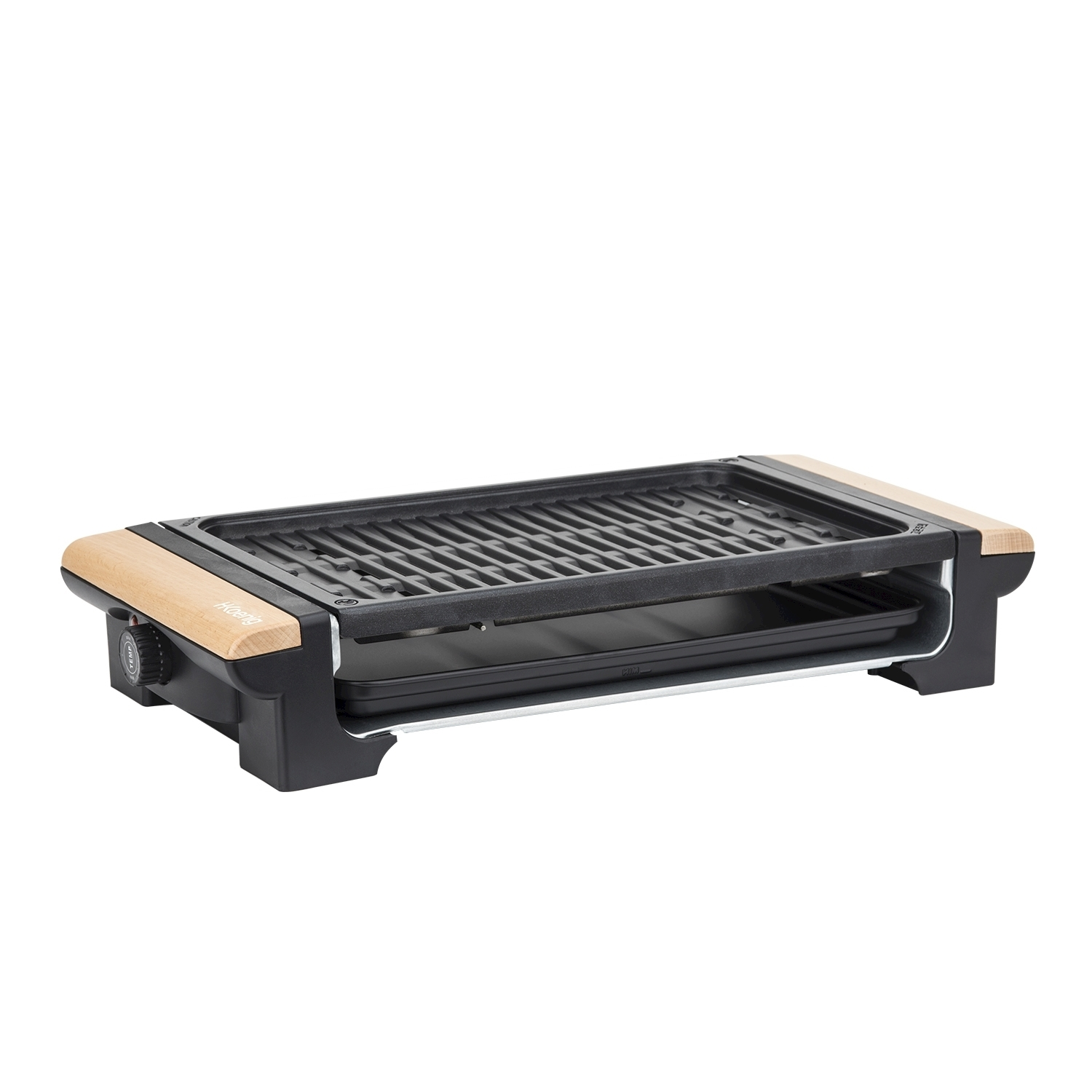 Griglia elettrica con piano cottura nero, manici in legno e base nera. Una manopola di controllo della temperatura è sul lato.