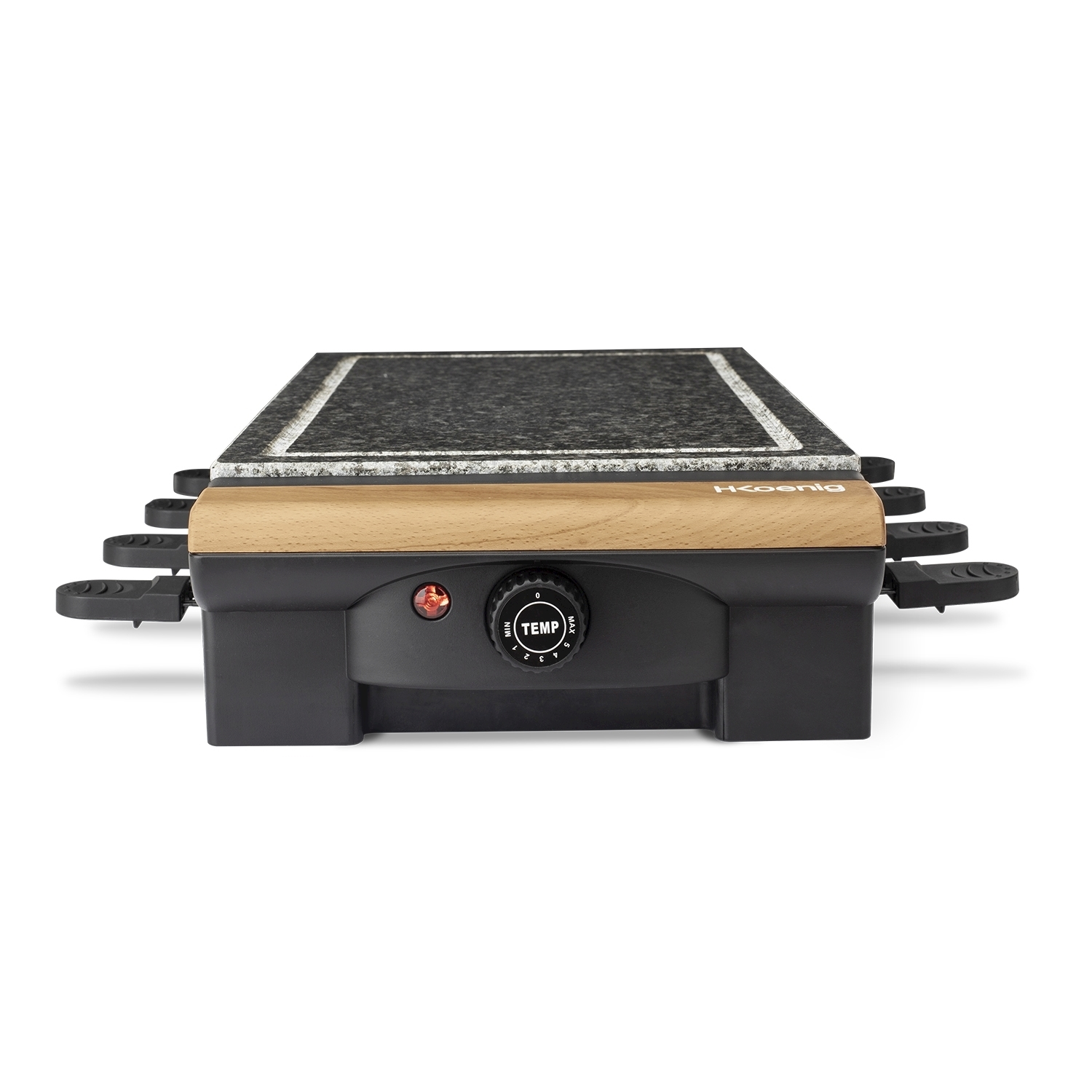 Grill per raclette con piano in pietra nera, cornice in legno e base nera. Ha una manopola di controllo della temperatura.
