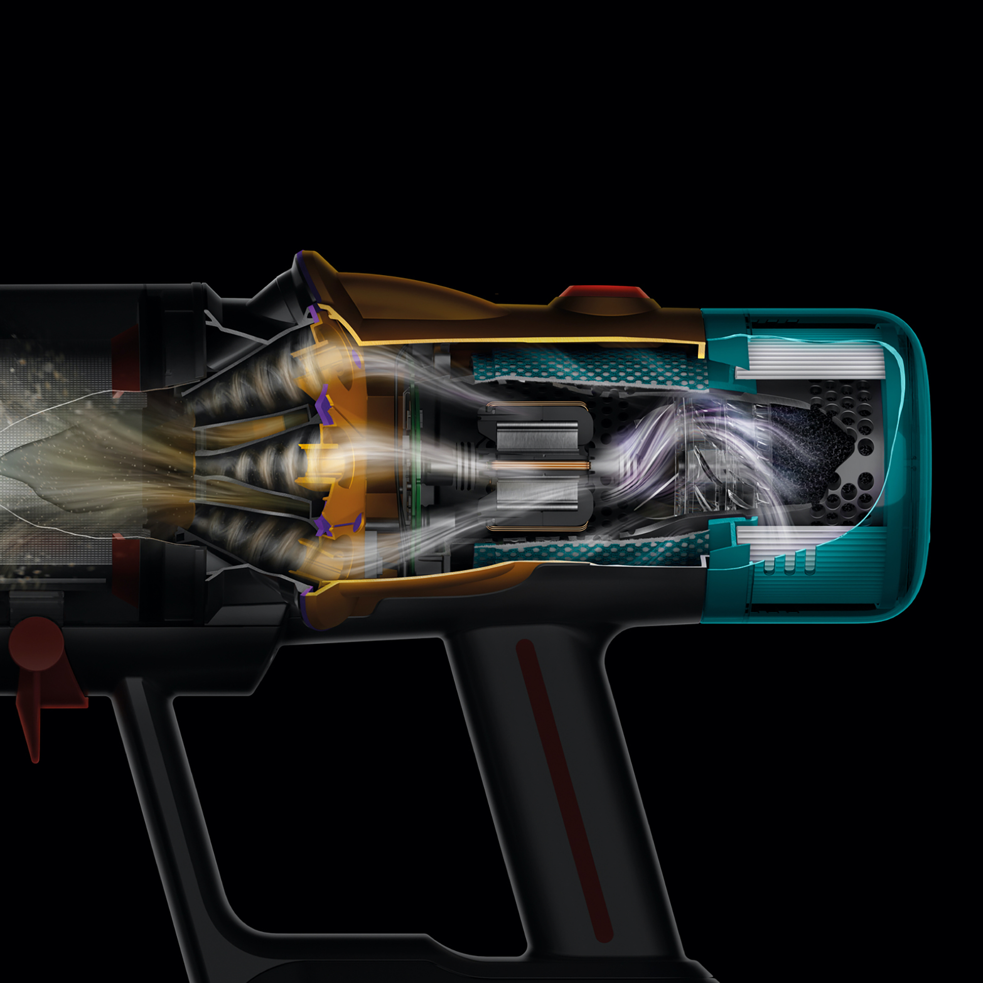 Przekrój poprzeczny odkurzacza. Pokazuje elementy wewnętrzne, przepływ powietrza i kolory turkusowy, złoty, czarny i czerwony.