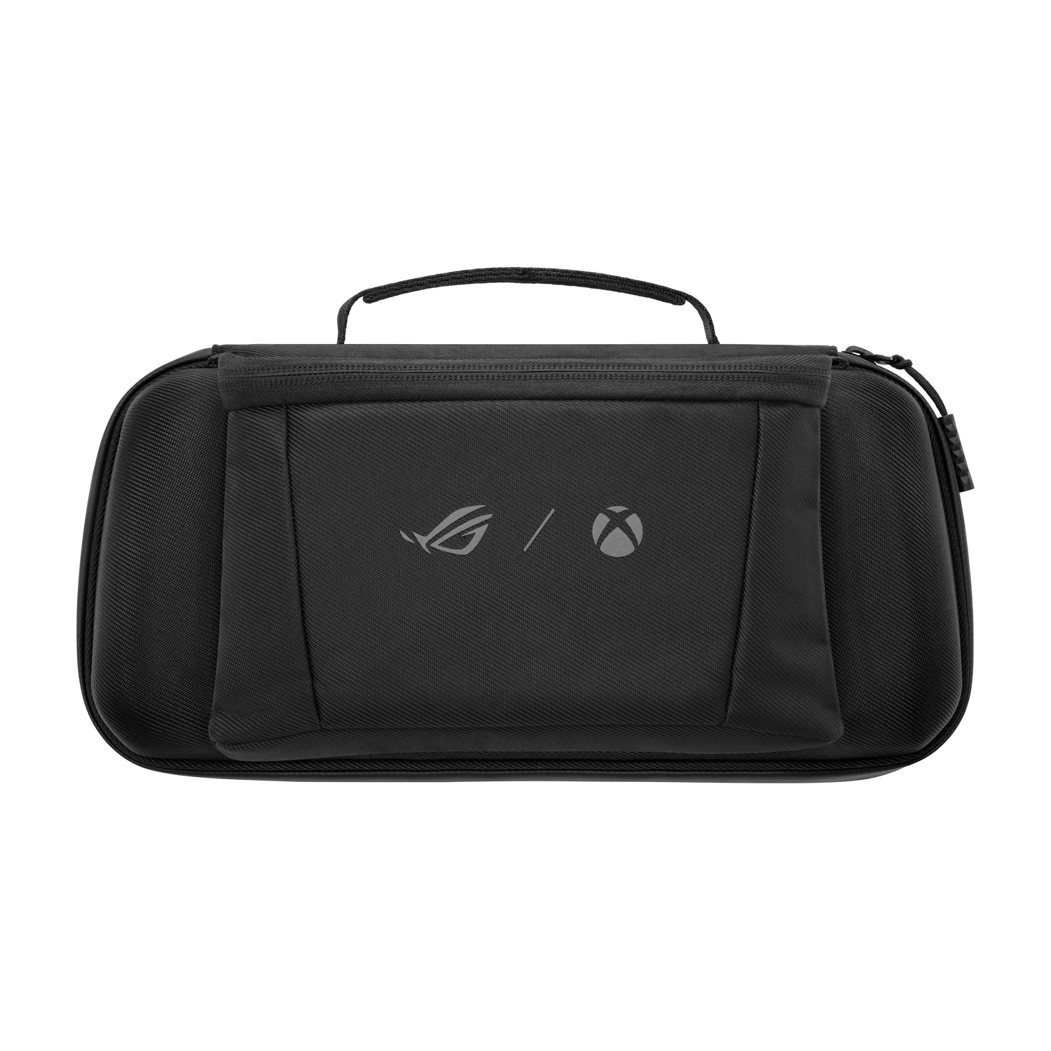 Custodia nera per console di gioco. Presenta i loghi ROG e Xbox. Include maniglia e cerniera.