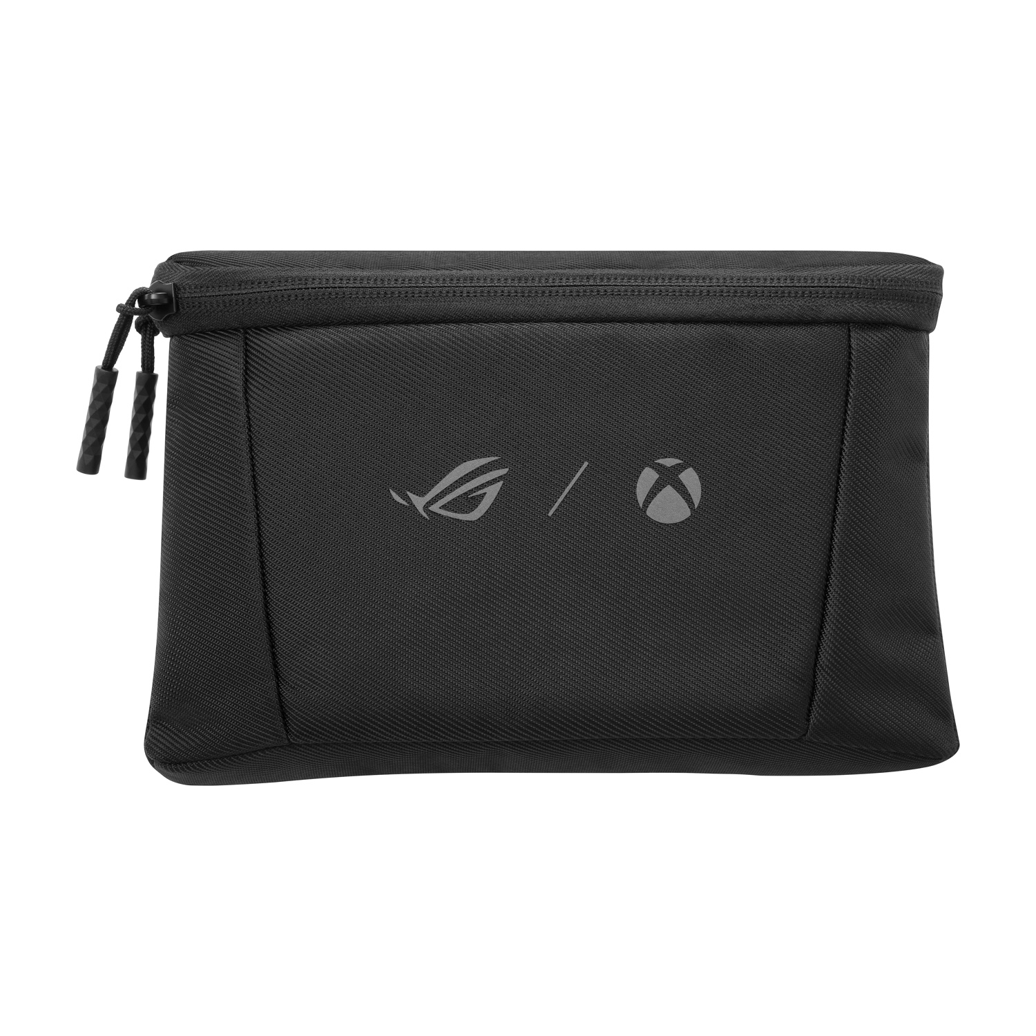 Custodia nera con cerniera. Presenta loghi ROG e Xbox. La custodia è su sfondo bianco.