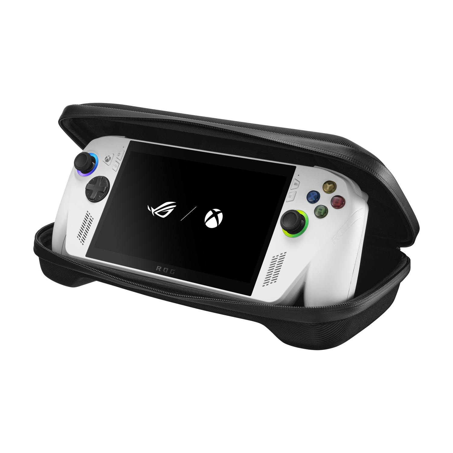 Un dispositivo di gioco portatile bianco in una custodia nera. Lo schermo mostra loghi. Controlli visibili sui lati.