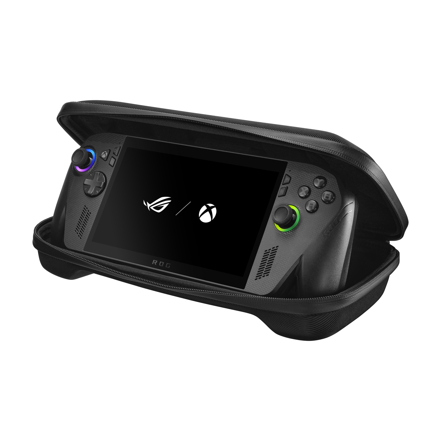Una console di gioco portatile nera in una custodia nera. Lo schermo mostra i loghi ROG e Xbox.
