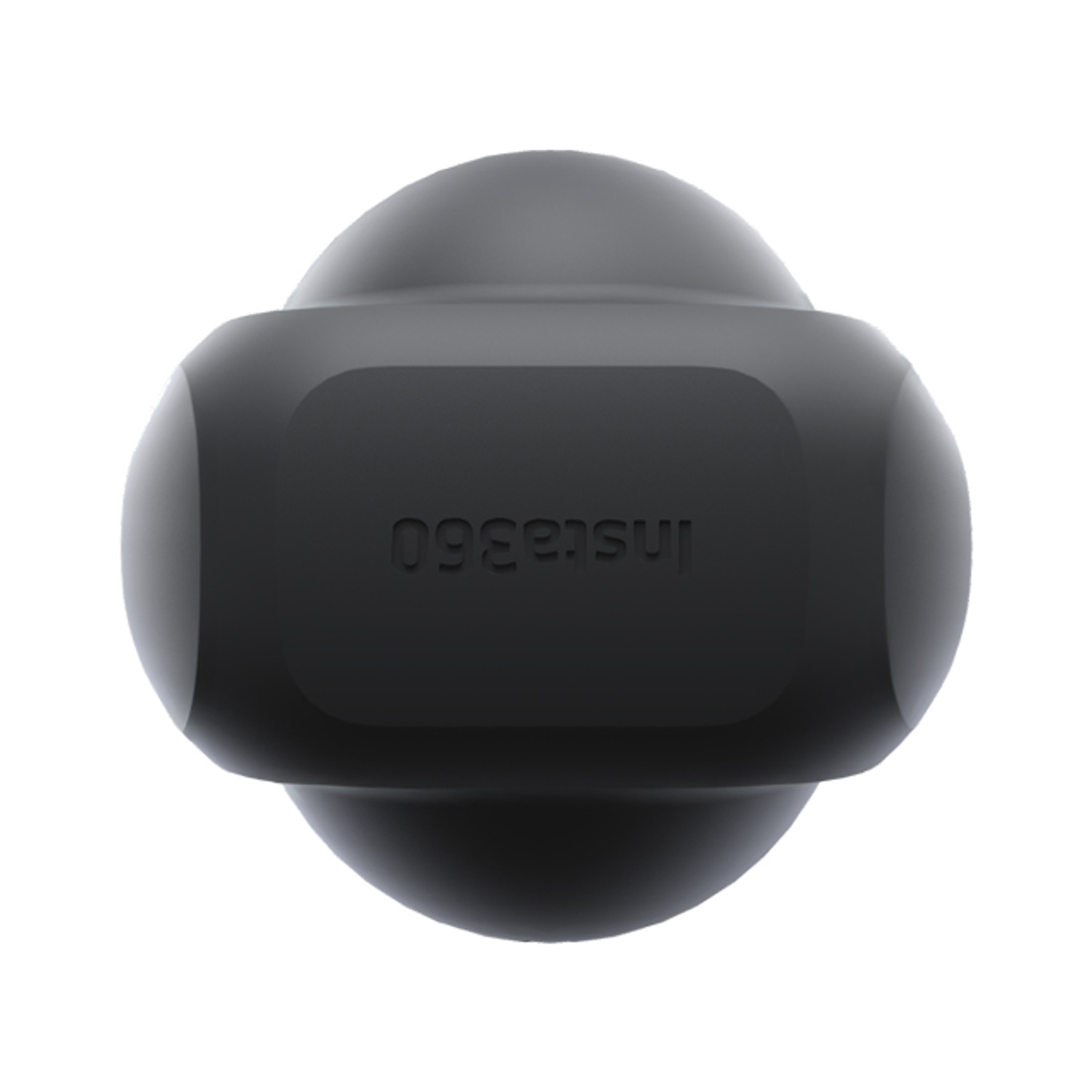 Una fotocamera Insta360 nera. Ha una forma arrotondata con una superficie piana dove è scritto il nome del marchio.