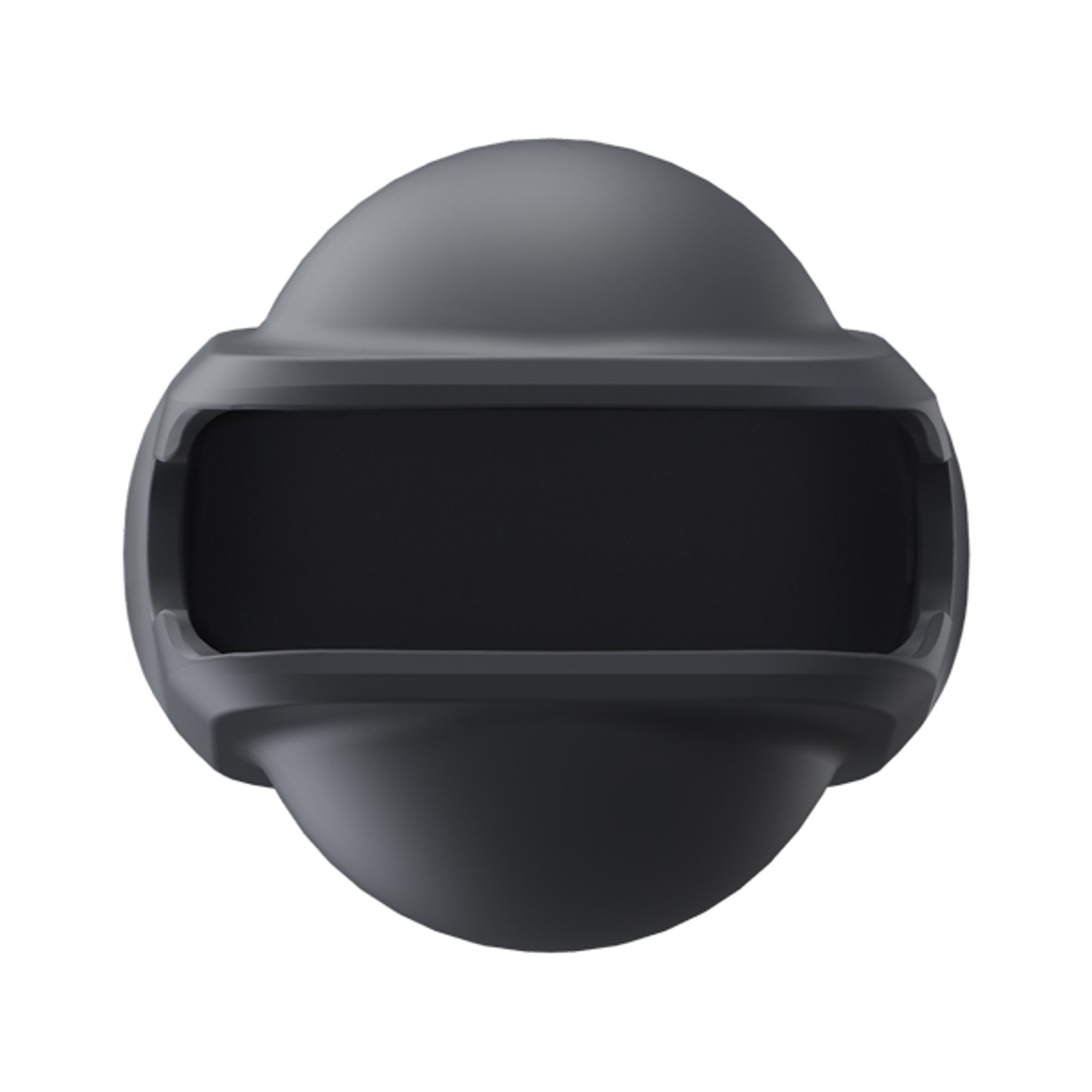 Un visore VR grigio scuro, vista dall'alto, centrato. Ha uno schermo nero rettangolare e un design arrotondato e liscio, isolato su bianco.