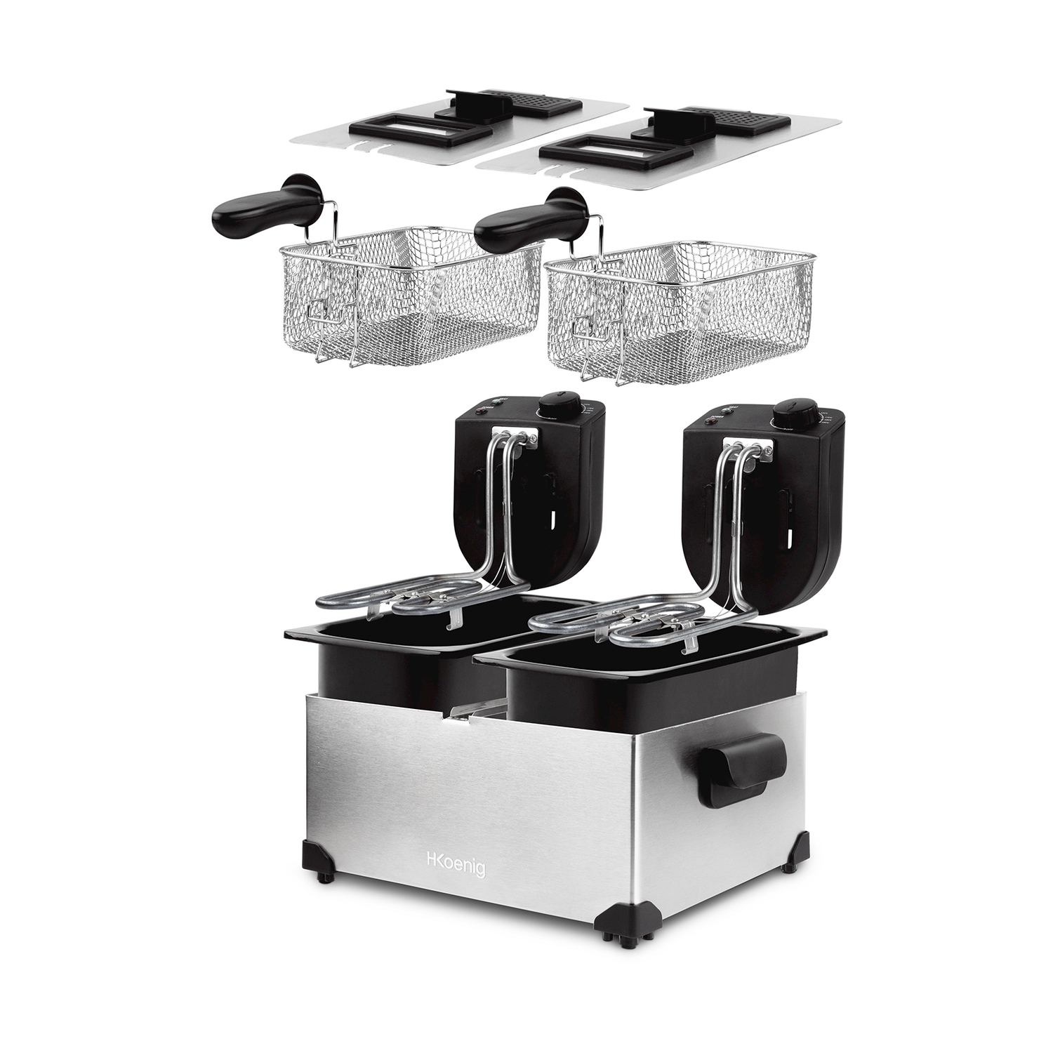 Una friggitrice doppia in acciaio inox con due cestelli, manici neri e il marchio 'H Koenig'.