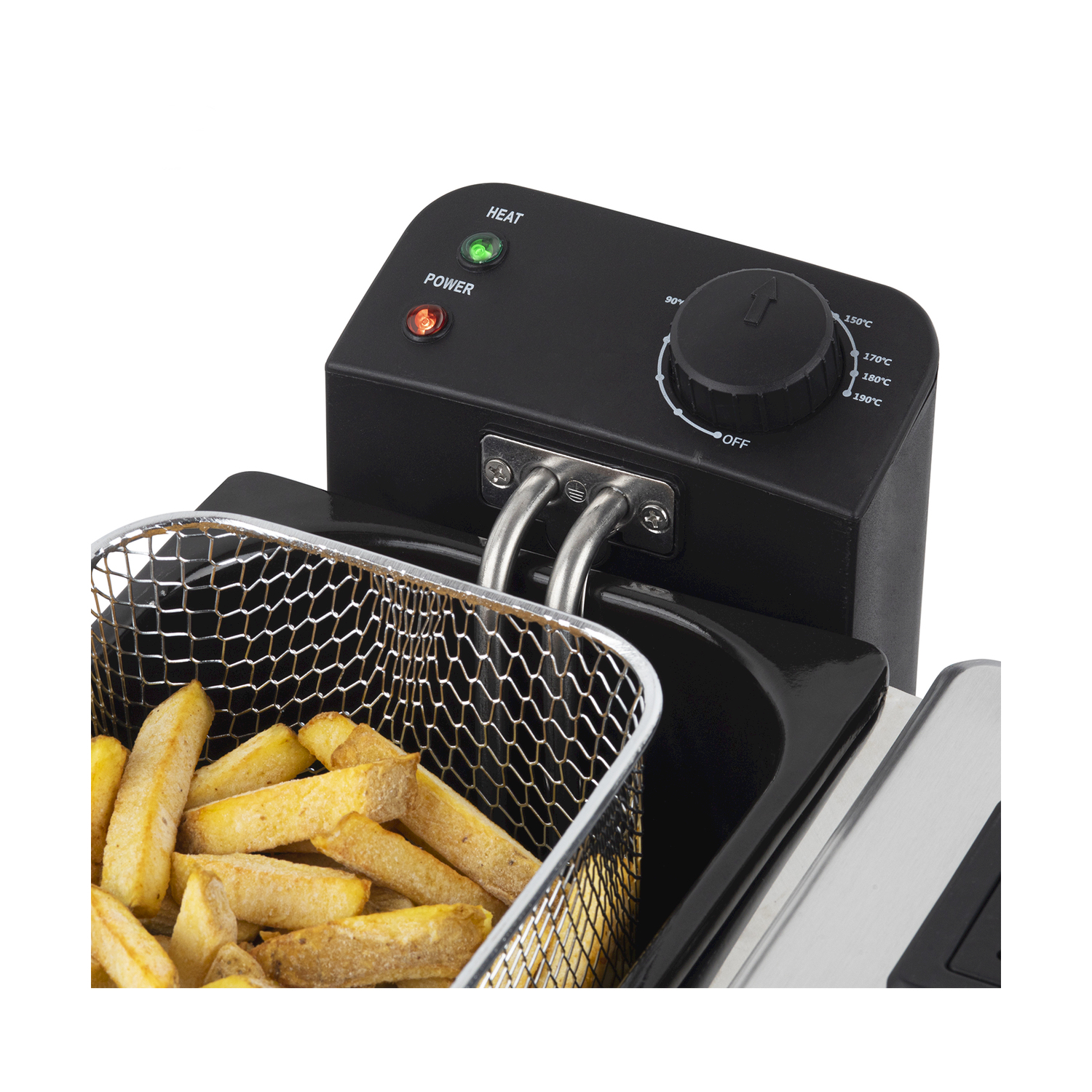 Primo piano di una friggitrice con patatine nel cestello. Ha indicatori di alimentazione e calore e una manopola di controllo della temperatura.