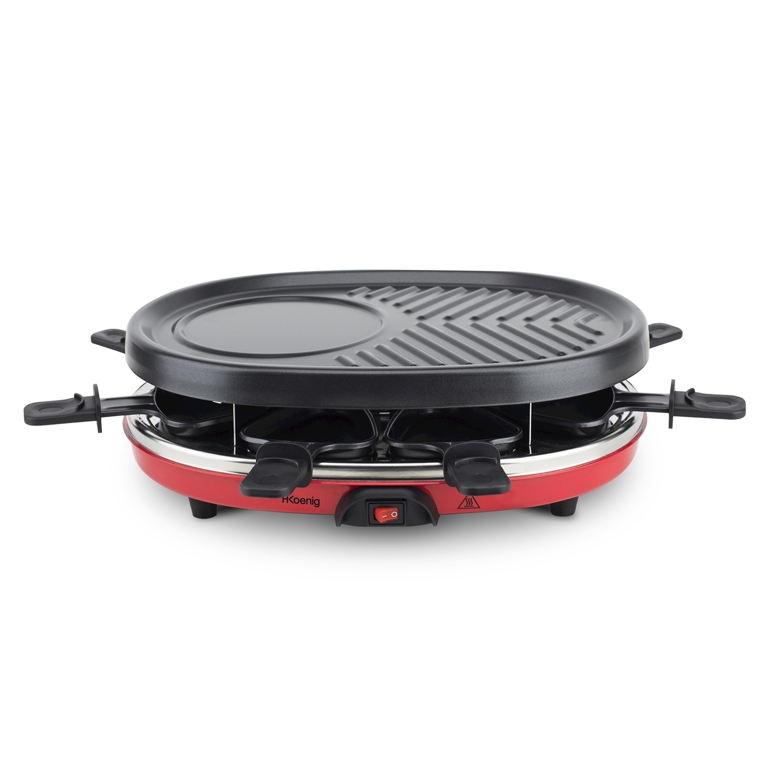 Una griglia per raclette rossa e nera. La griglia ha una piastra nera rotonda sopra e piccole padelle nere sotto. Ha un interruttore.