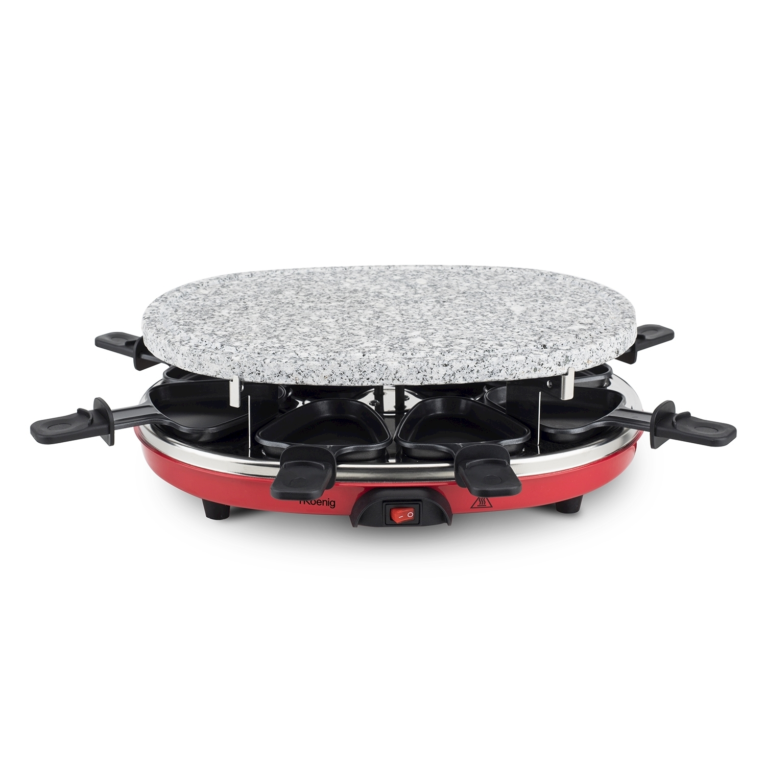 Griglia per raclette su bianco. Base rossa, padelle nere, piano in pietra grigia. L'interruttore è acceso. Le maniglie si estendono.