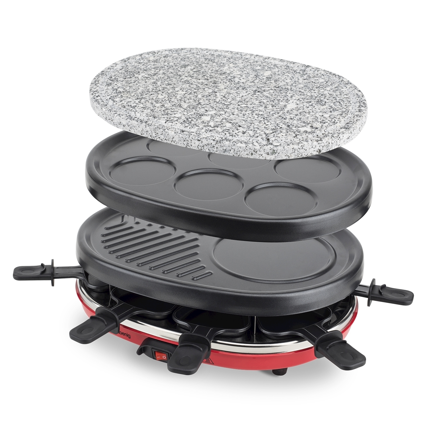 Griglia per raclette smontata, con piano in pietra, piastre di cottura e base rossa. Maniglie nere e interruttore on/off visibili.