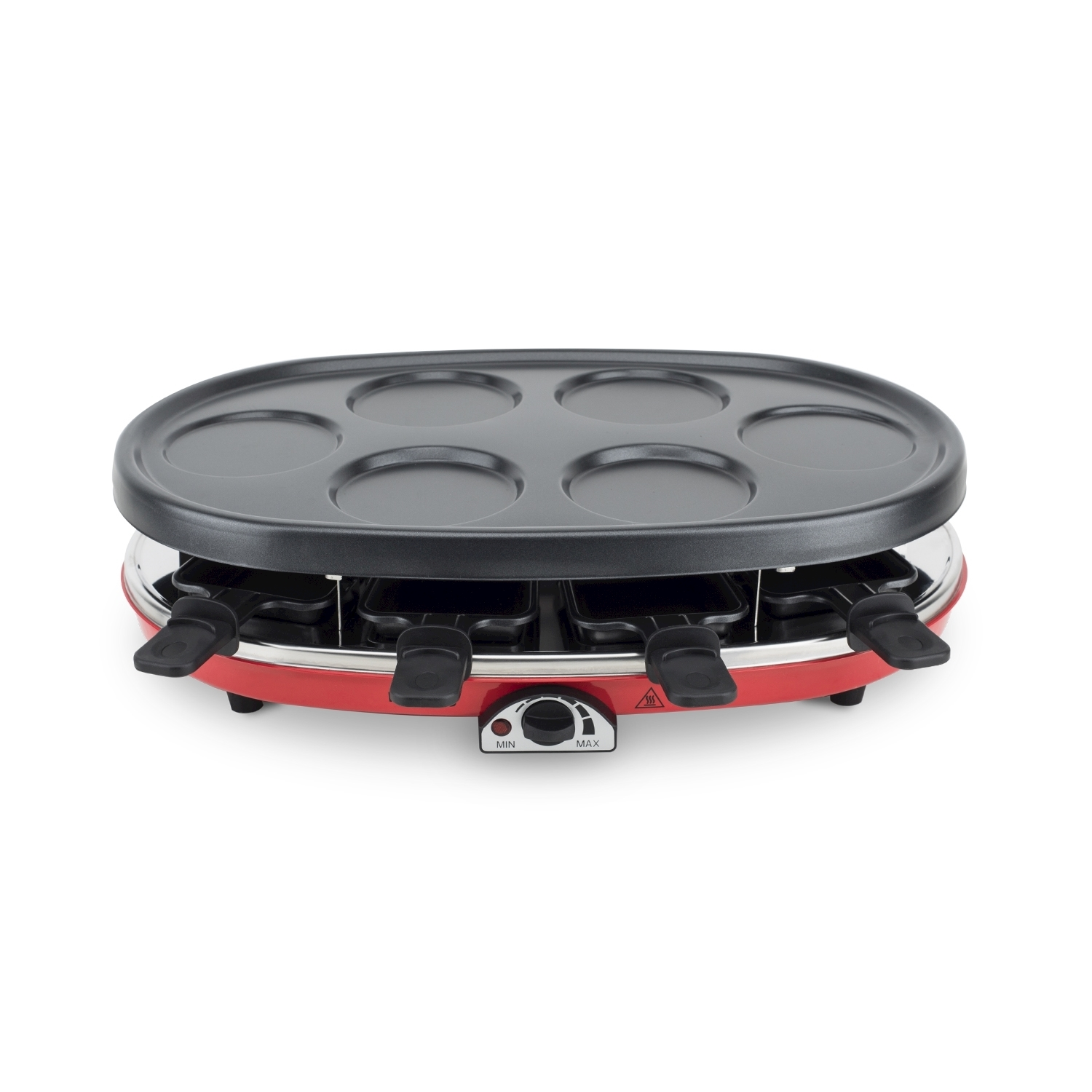Una griglia per raclette rossa e nera con superficie di cottura e portacase individuali. Le manopole sono etichettate MIN e MAX. Lo sfondo è bianco.