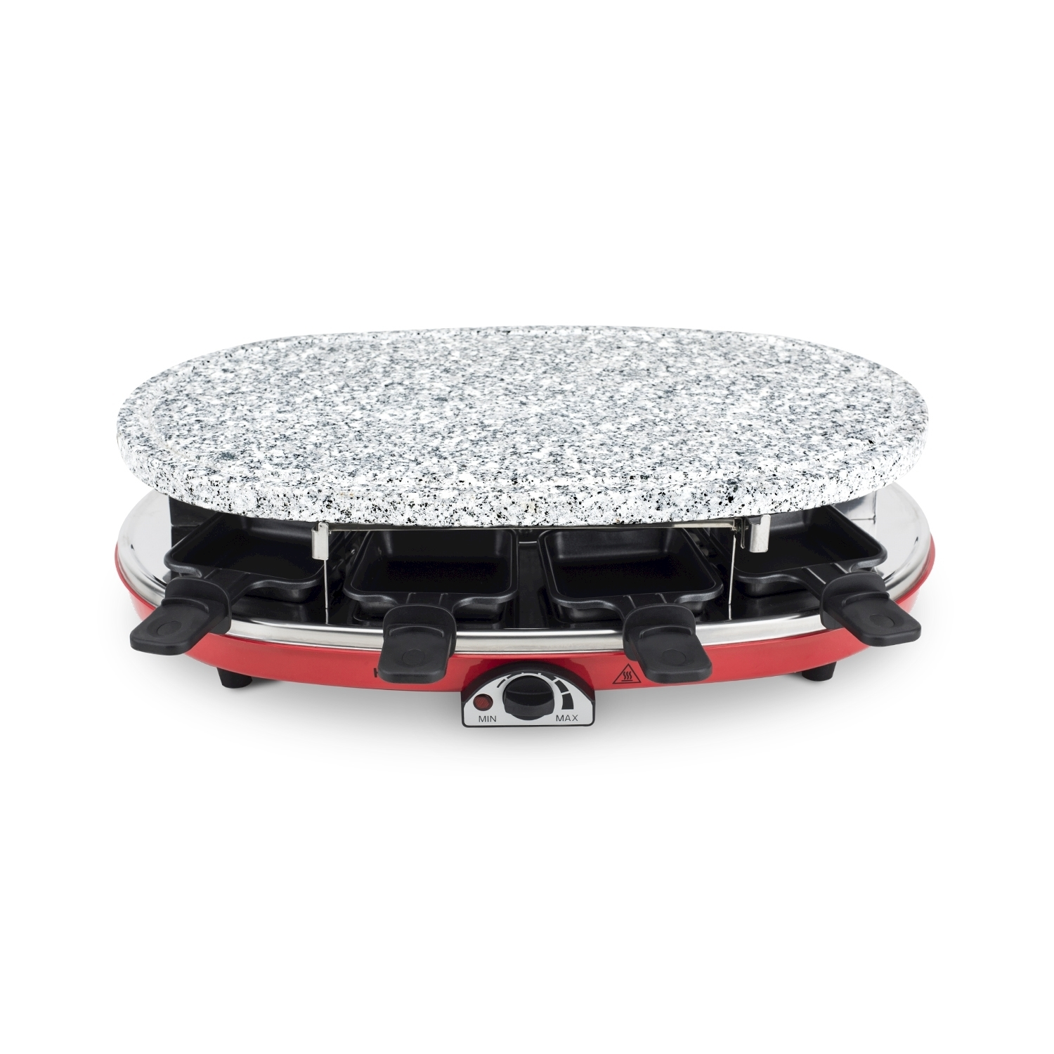 Una griglia per raclette rossa e argento con piano in granito e vassoi neri. Ha un quadrante per il controllo del calore e un segnale.