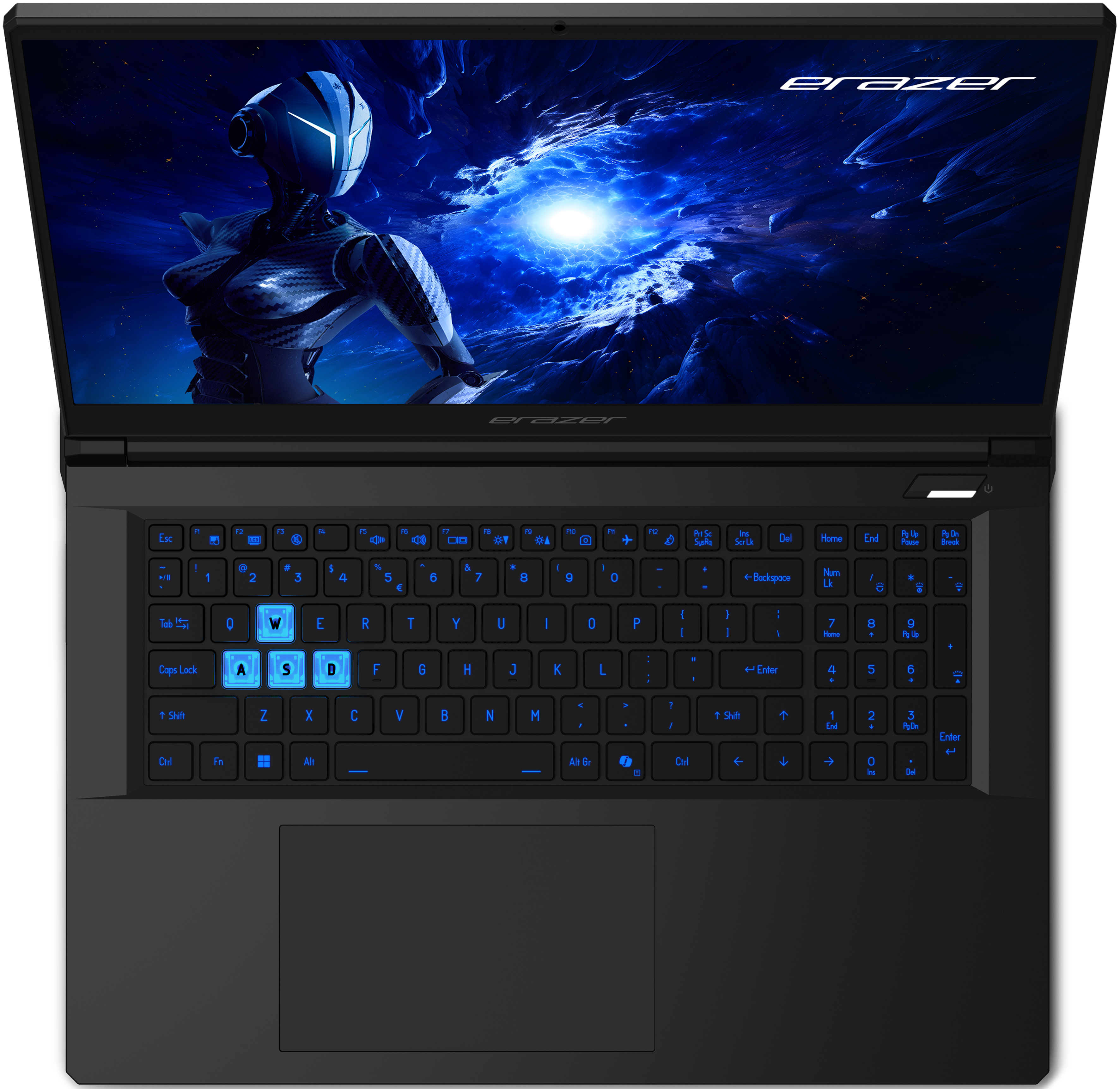 Ordinateur portable noir avec clavier bleu allumé, écran montre une figure futuriste dans scène bleue.