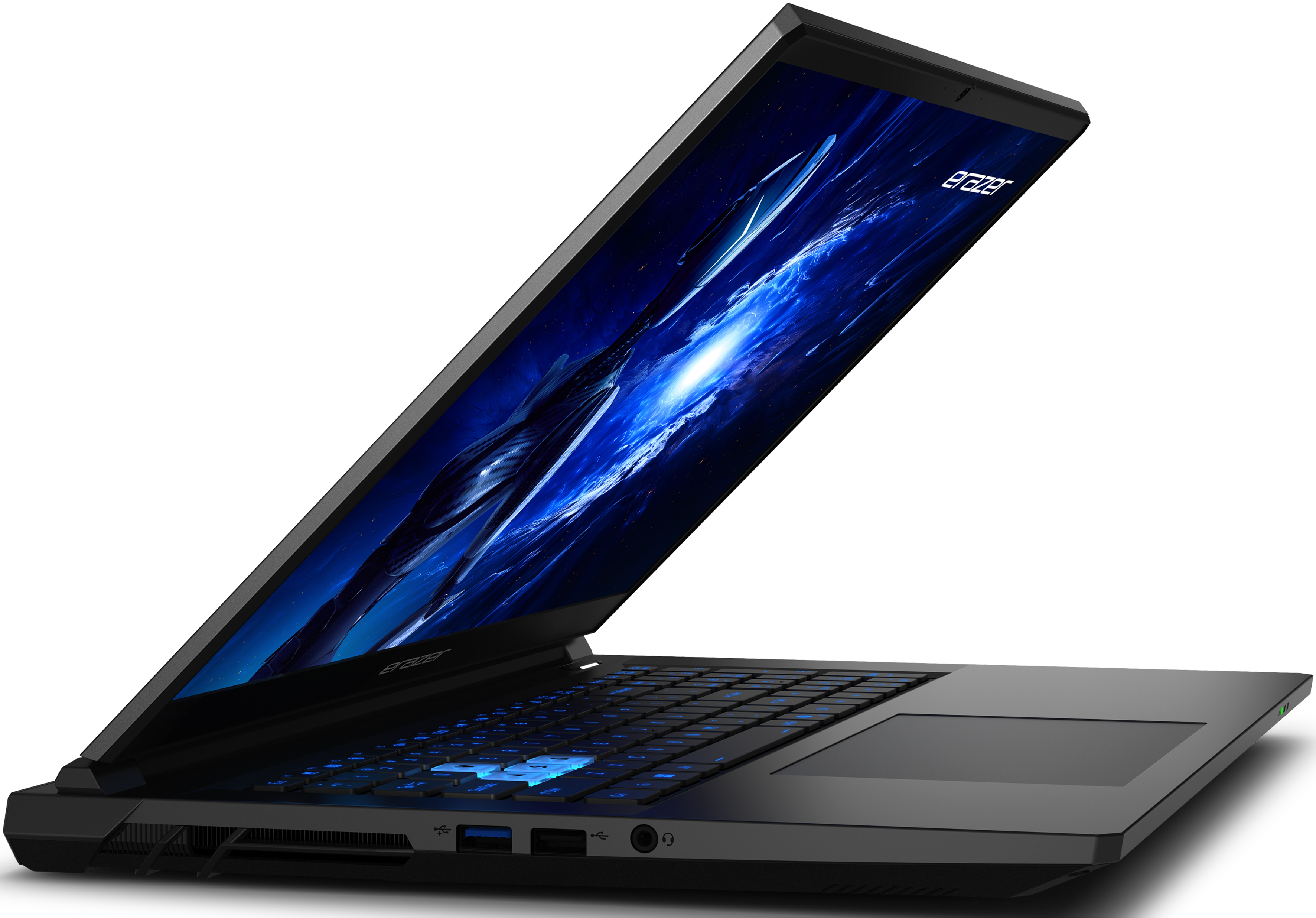 Ordinateur portable Acer noir ouvert, écran bleu allumé. Clavier visible avec touches rétroéclairées bleues.