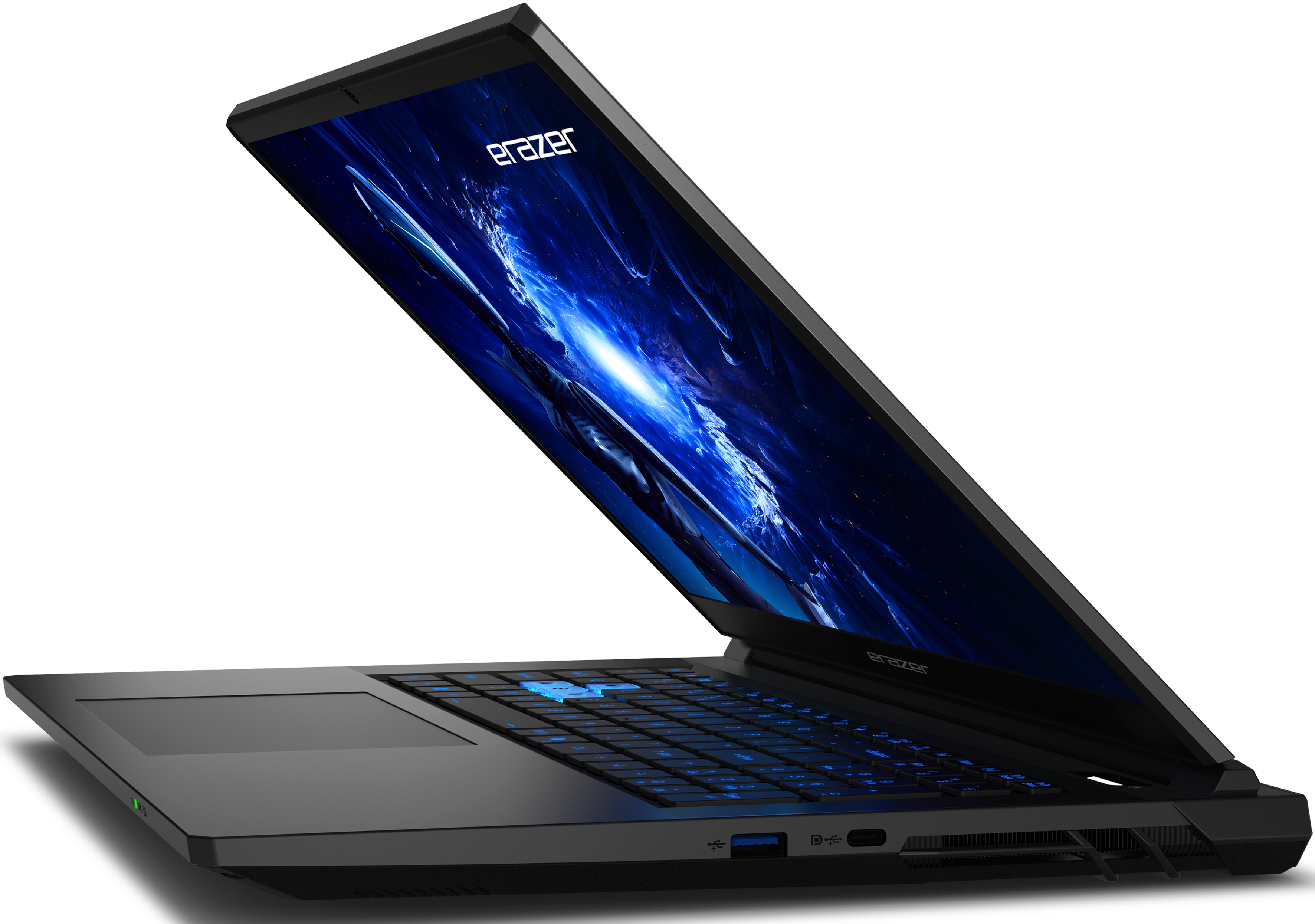 Ordinateur portable noir avec écran ouvert affichant une galaxie bleue. Le clavier est rétro-éclairé en bleu.