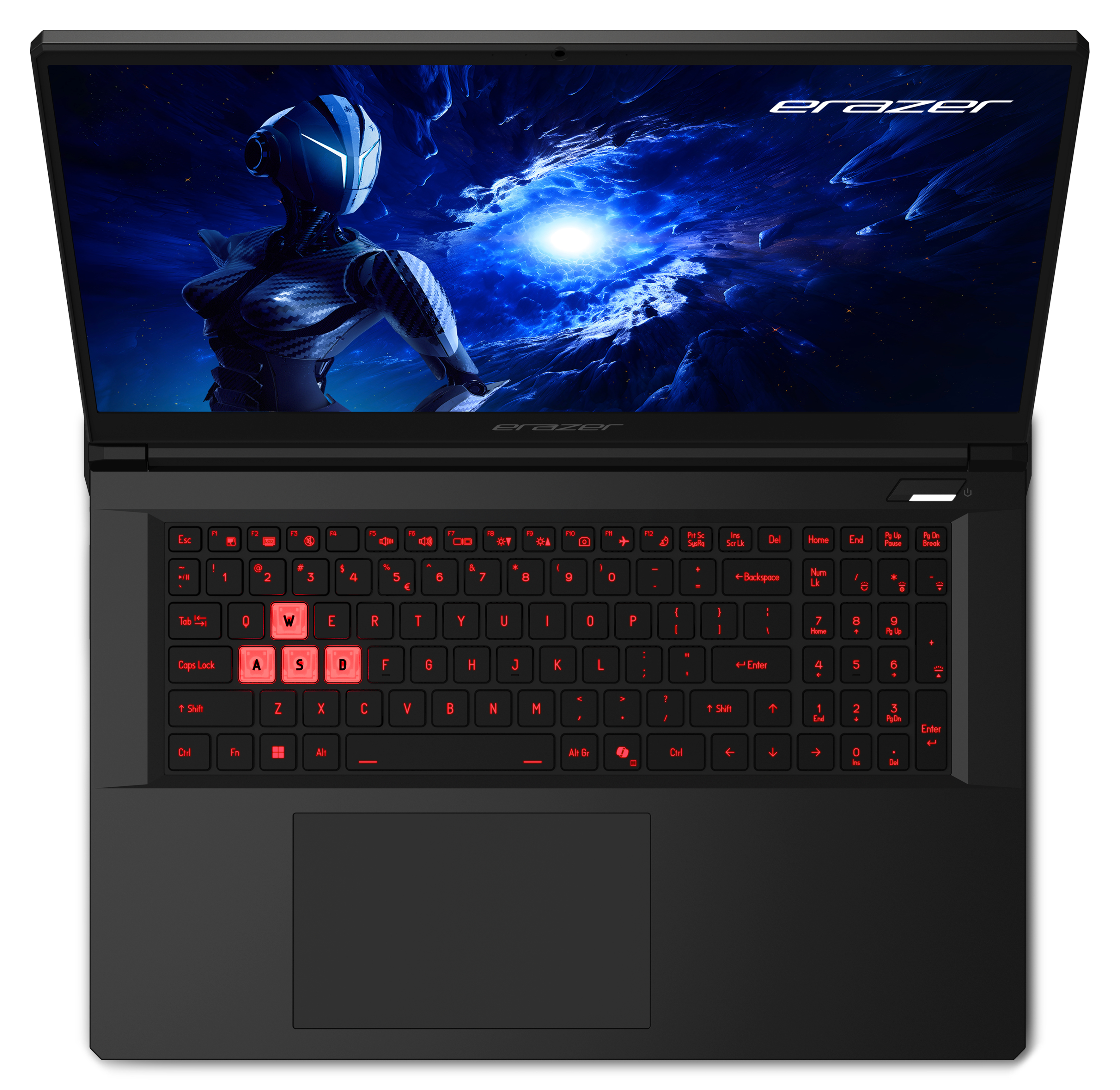 Ordinateur portable noir avec touches rétroéclairées rouges, écran affiche une figure futuriste sur fond bleu.