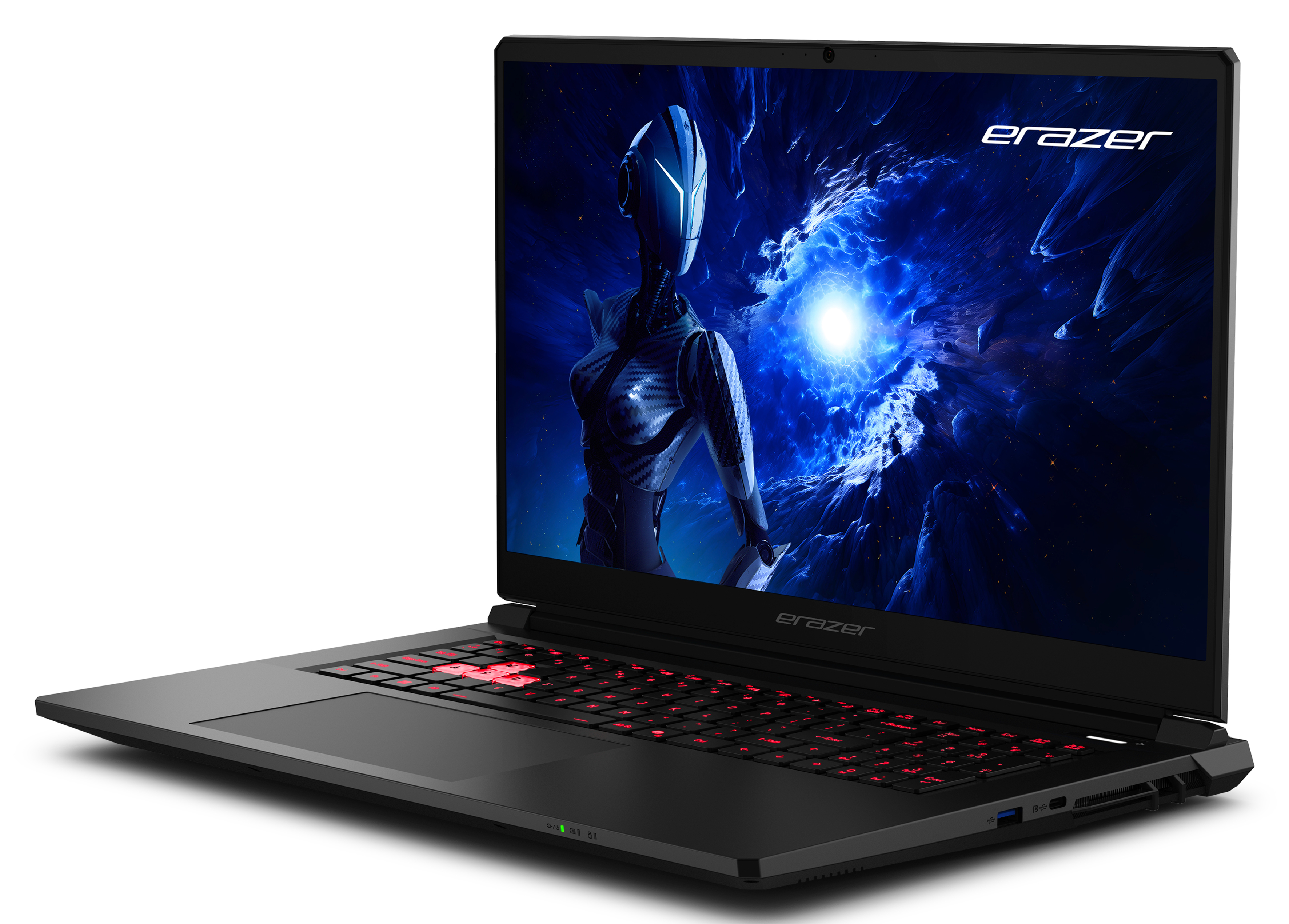 Ordinateur portable noir avec touches rétroéclairées rouges. L'écran montre une figure futuriste dans une scène cosmique bleue.