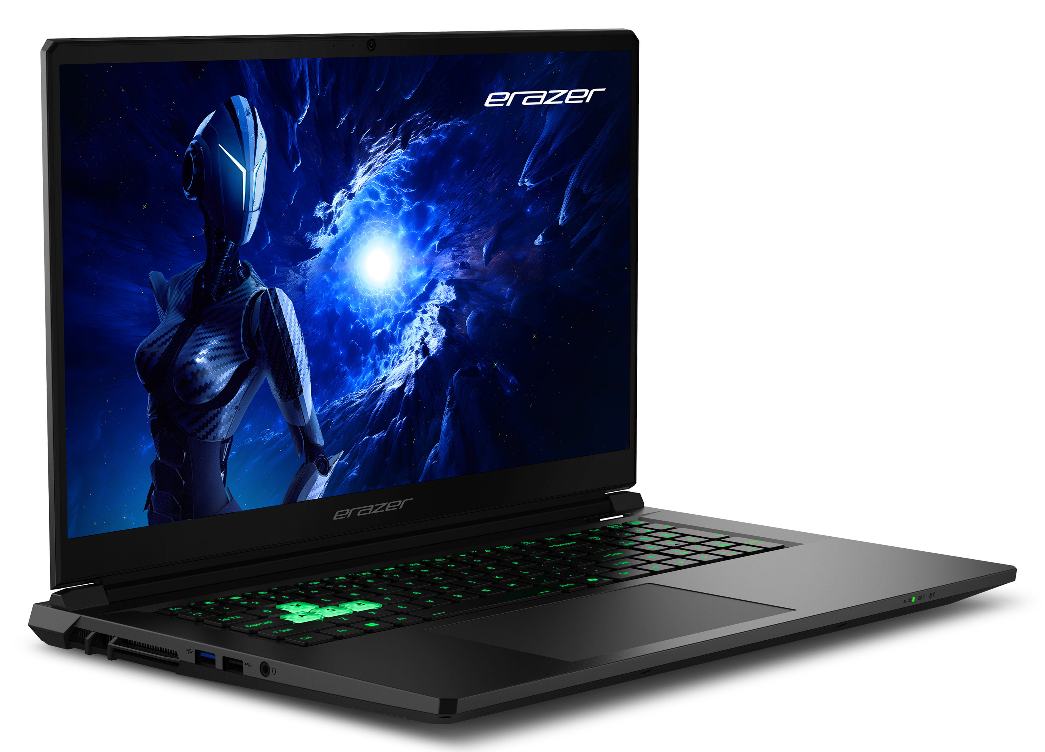 Un ordinateur portable noir affiche une image de cyborg. Le clavier a des touches rétroéclairées vertes. La marque est 'Erazer'.